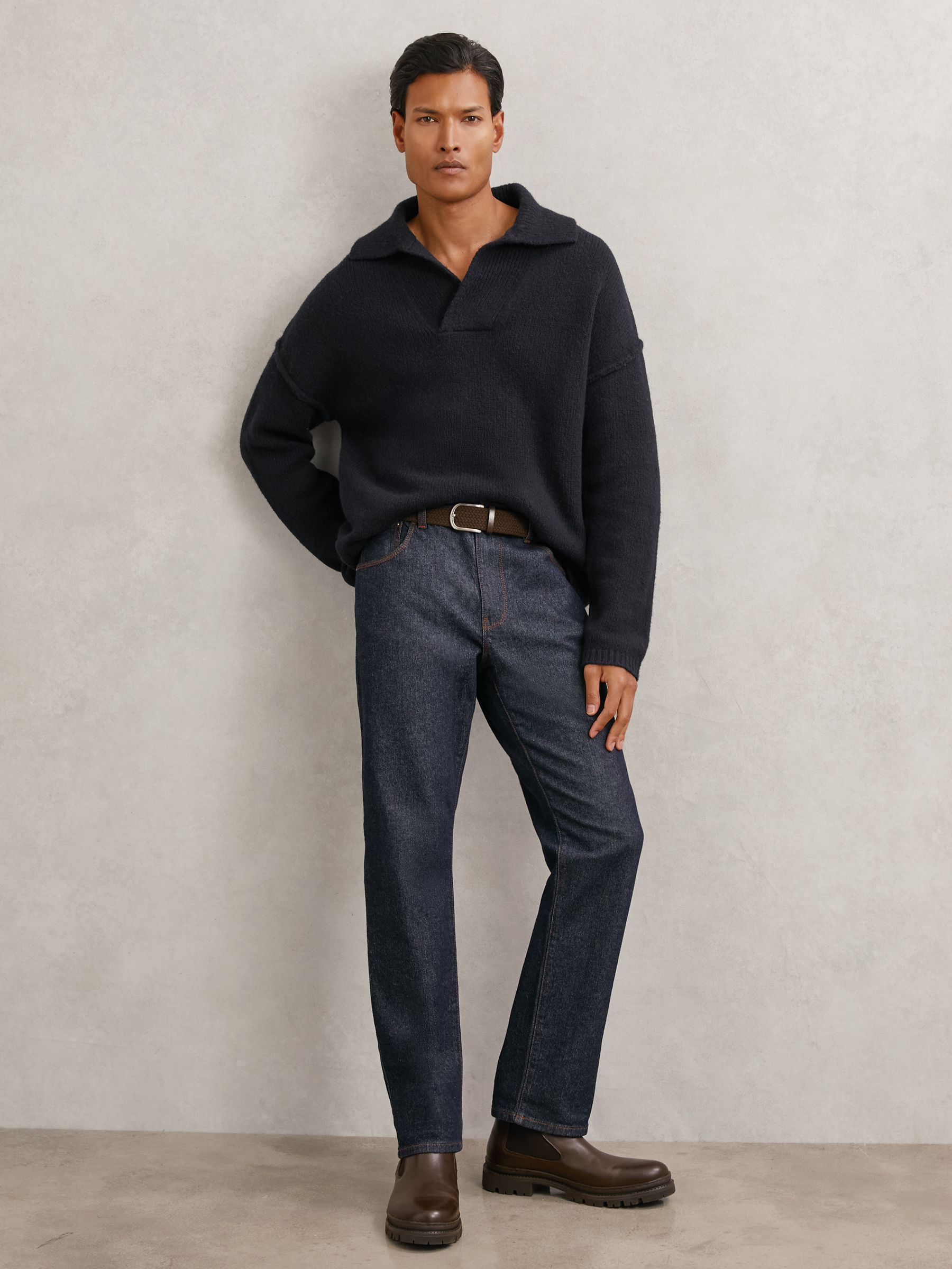 Wool-Blend Relaxed Open-Collar Jumper in Navy - Image 6 of 8