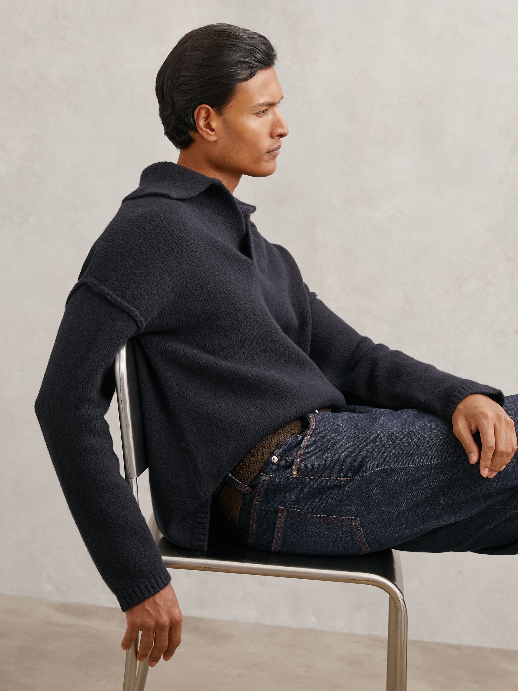 Wool-Blend Relaxed Open-Collar Jumper in Navy - Image 7 of 8