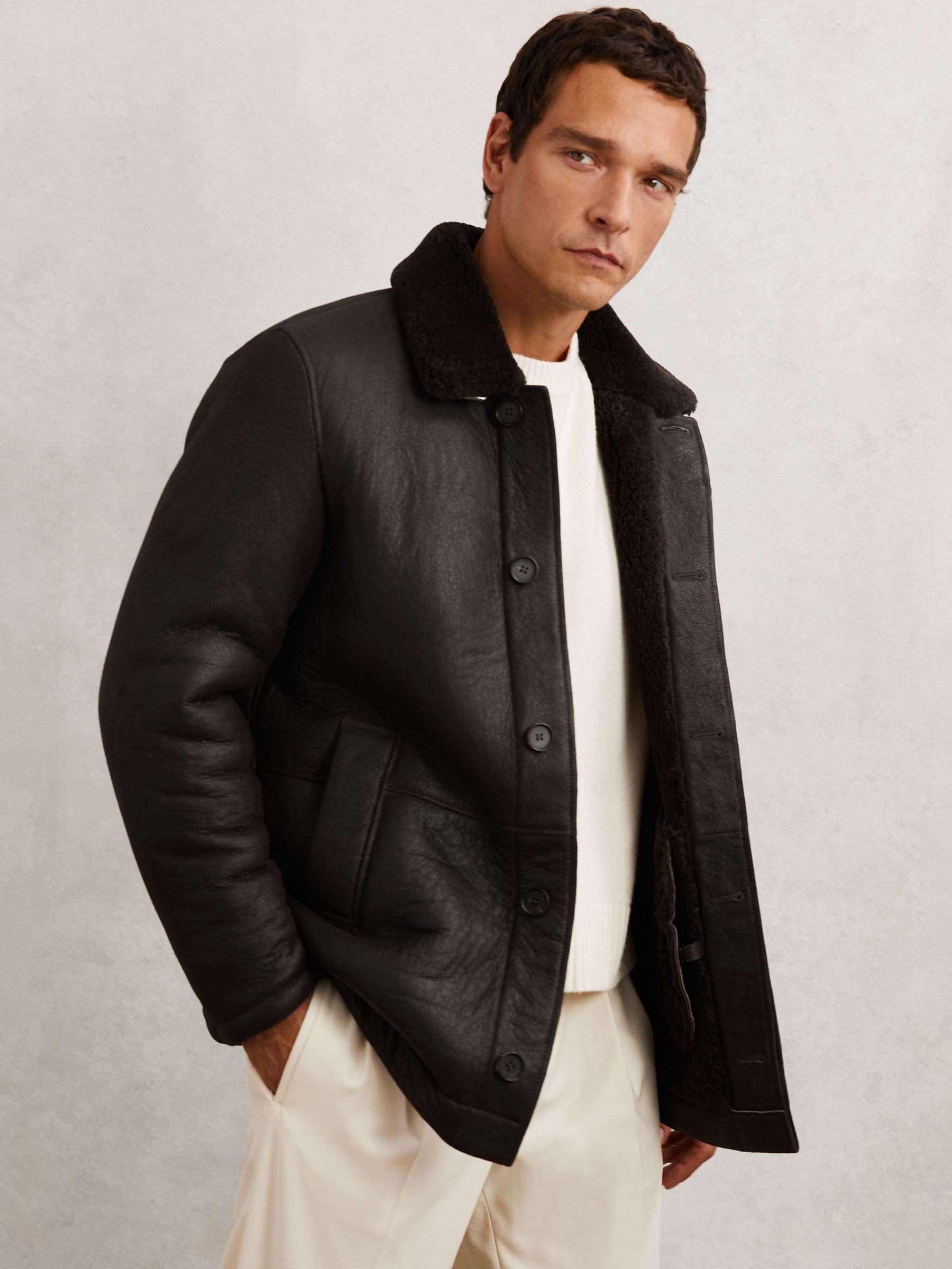 Button-Through Shearling Jacket in Brown - Image 3 of 9