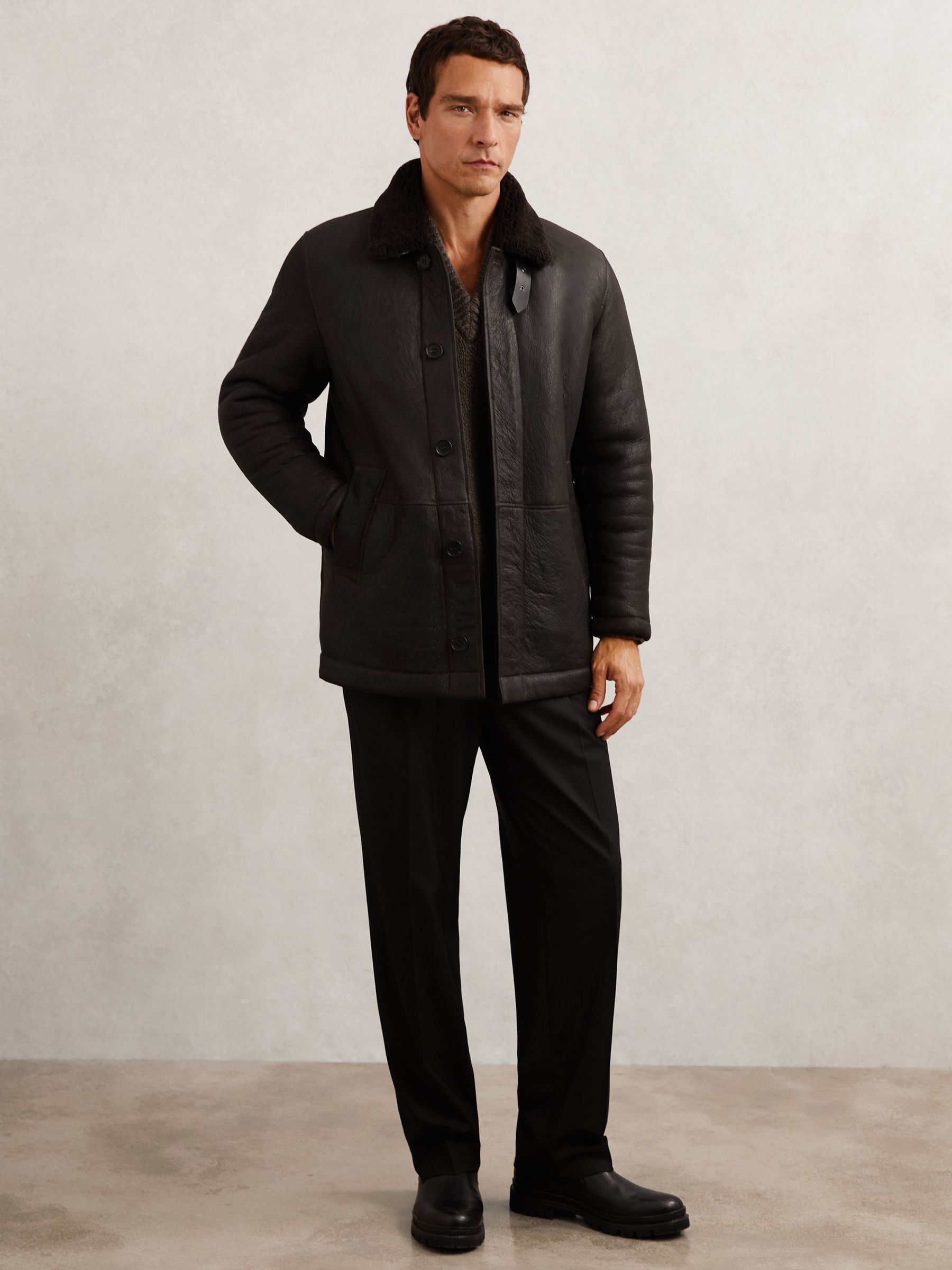 Button-Through Shearling Jacket in Brown - Image 4 of 9