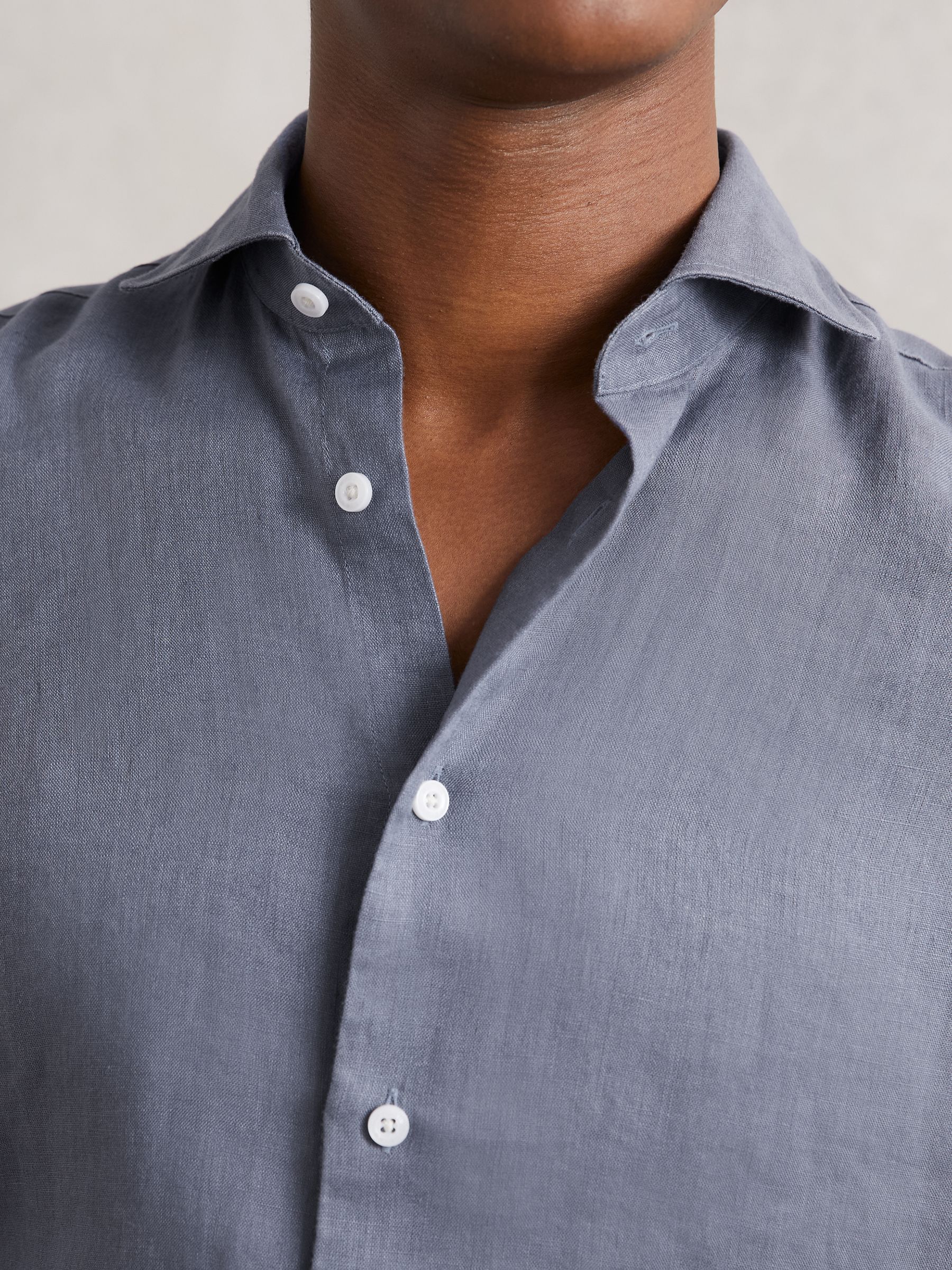 Linen Cutaway-Collar Shirt in Airforce Blue - Image 3 of 6