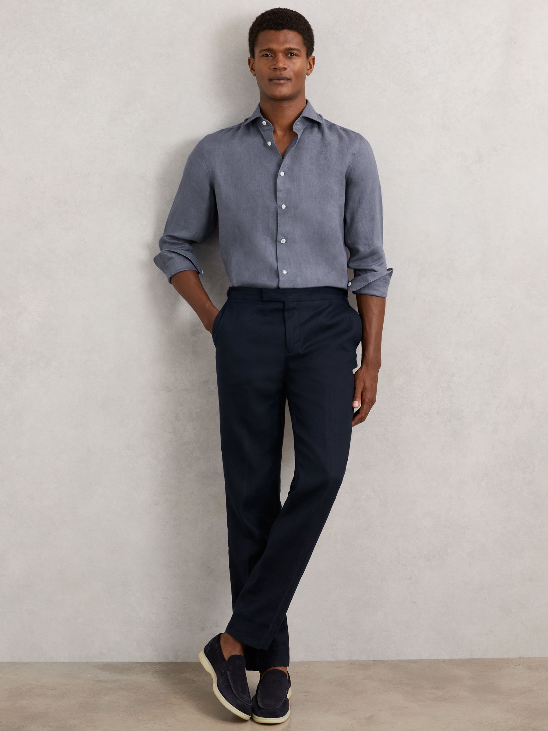 Linen Cutaway-Collar Shirt in Airforce Blue - Image 4 of 6