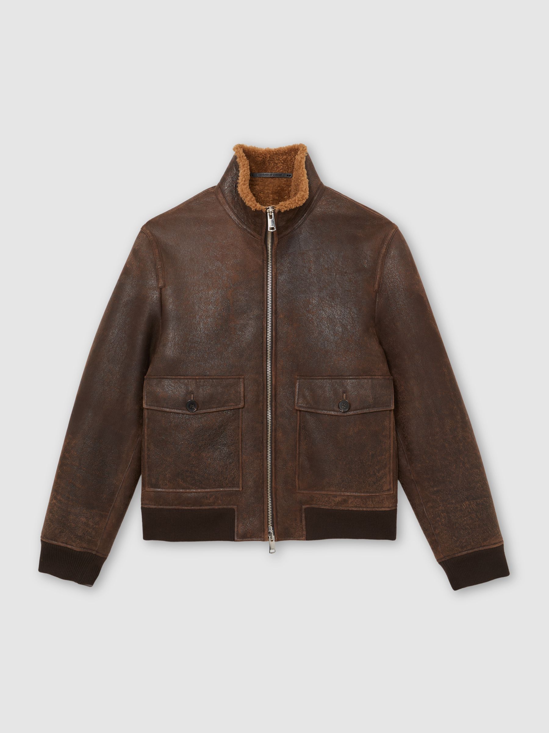 Shearling Zip-Through Leather Jacket in Brown - Image 2 of 6