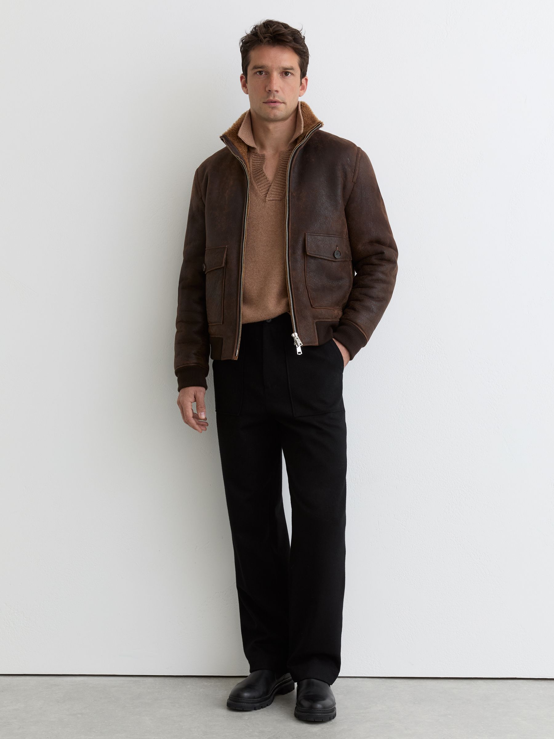 Shearling Zip-Through Leather Jacket in Brown - Image 3 of 6
