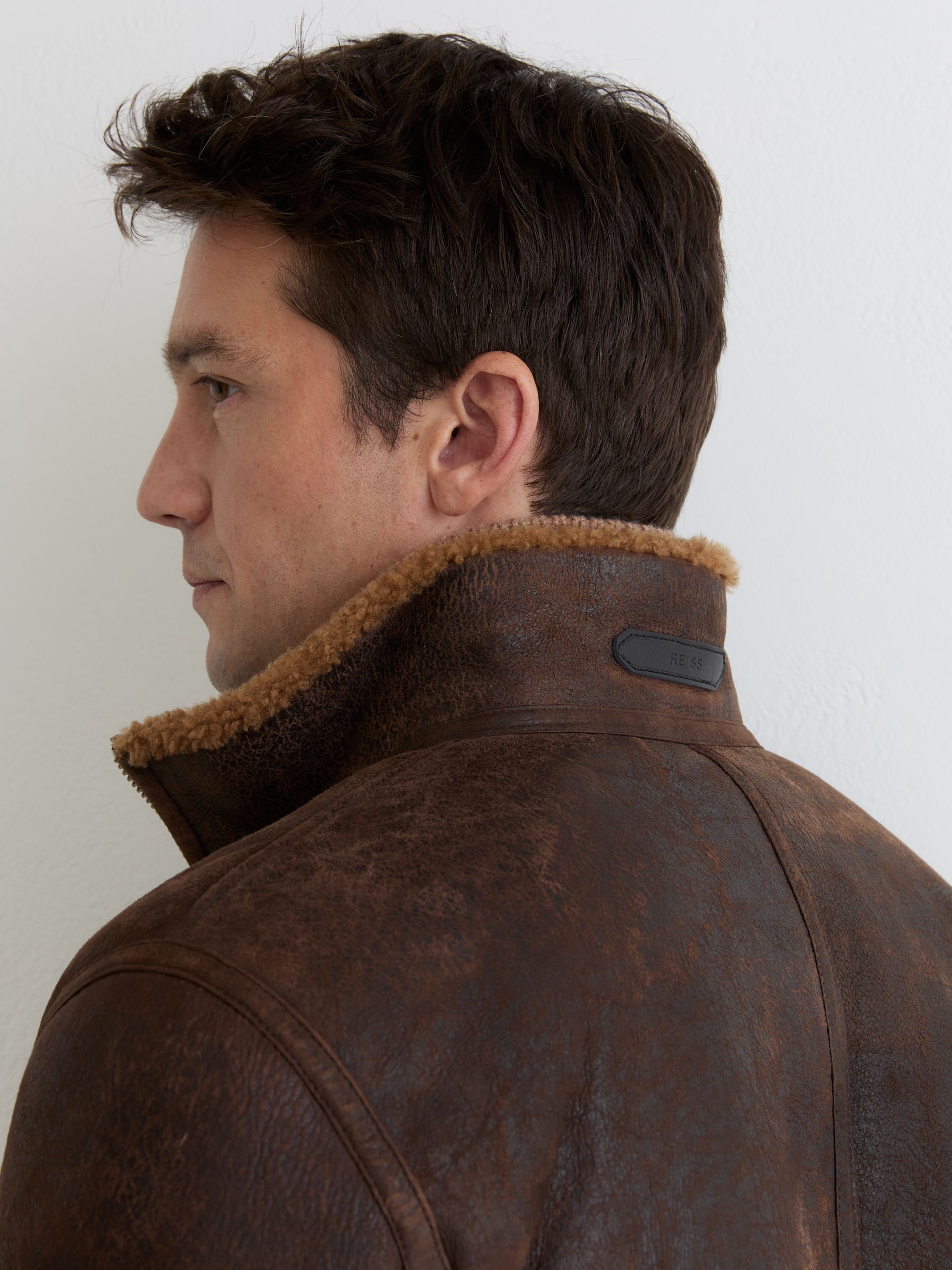 Shearling Zip-Through Leather Jacket in Brown - Image 4 of 6
