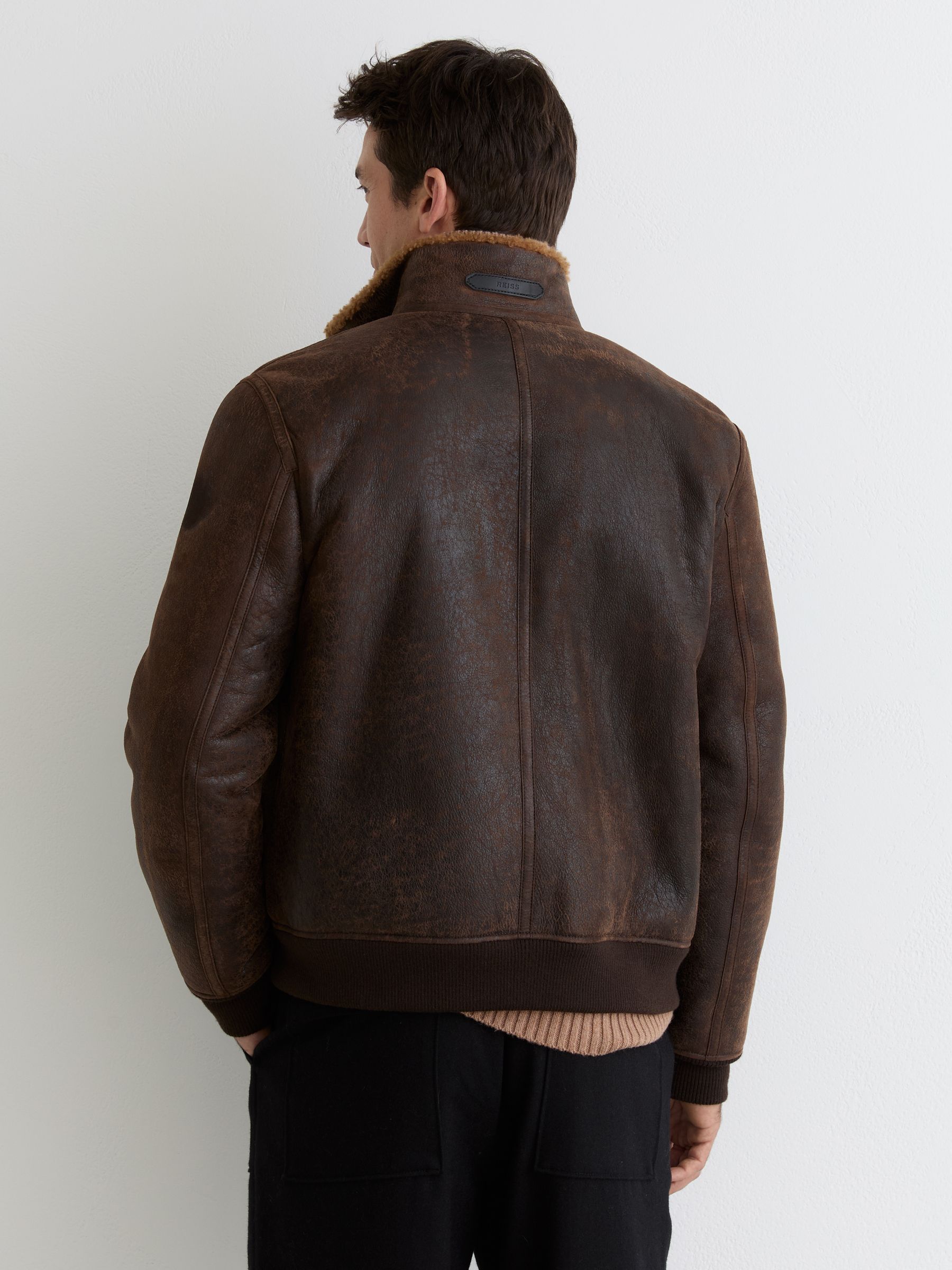 Shearling Zip-Through Leather Jacket in Brown - Image 5 of 6