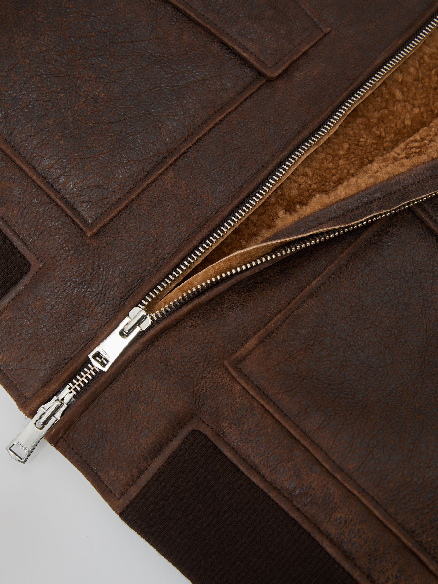 Shearling Zip-Through Leather Jacket in Brown - Image 6 of 6