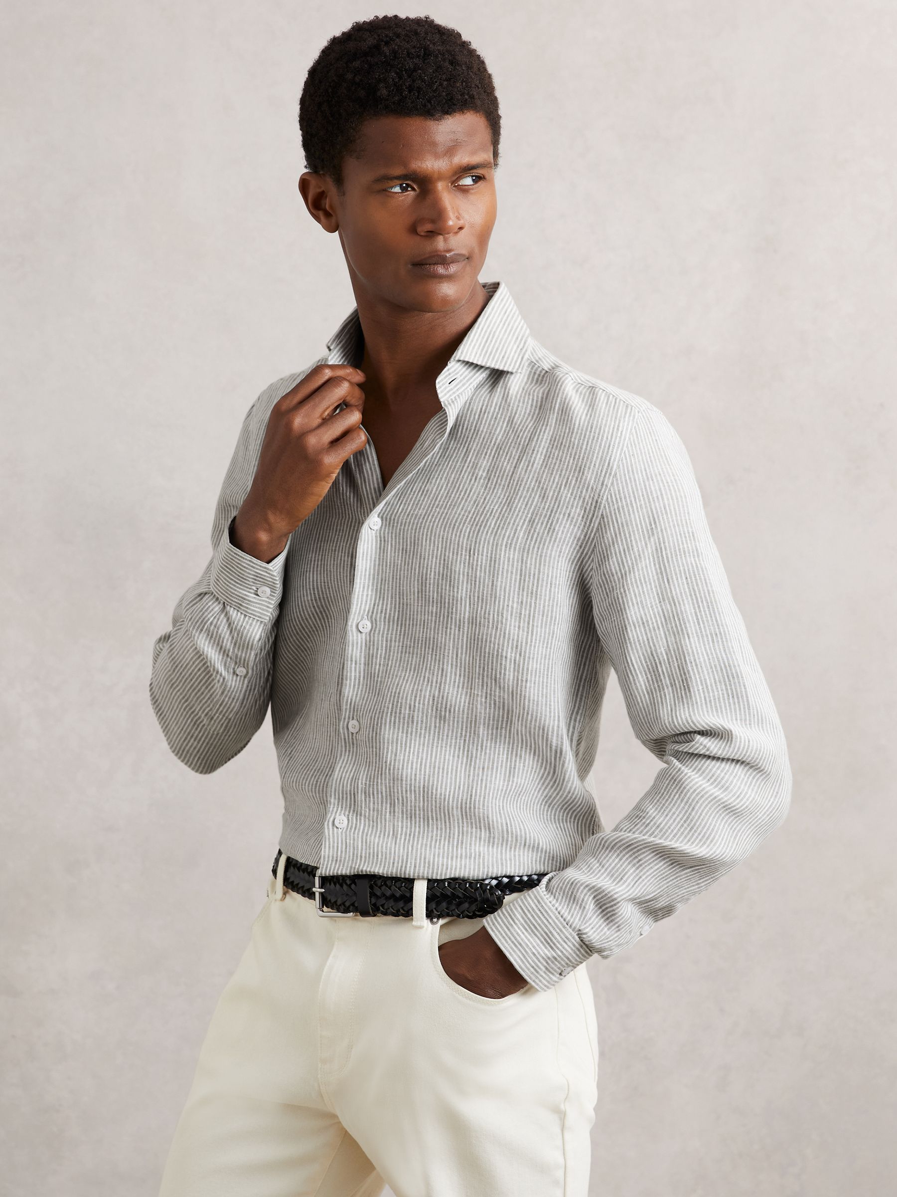Linen Striped Cutaway-Collar Shirt in White/Thyme Green - Image 1 of 6