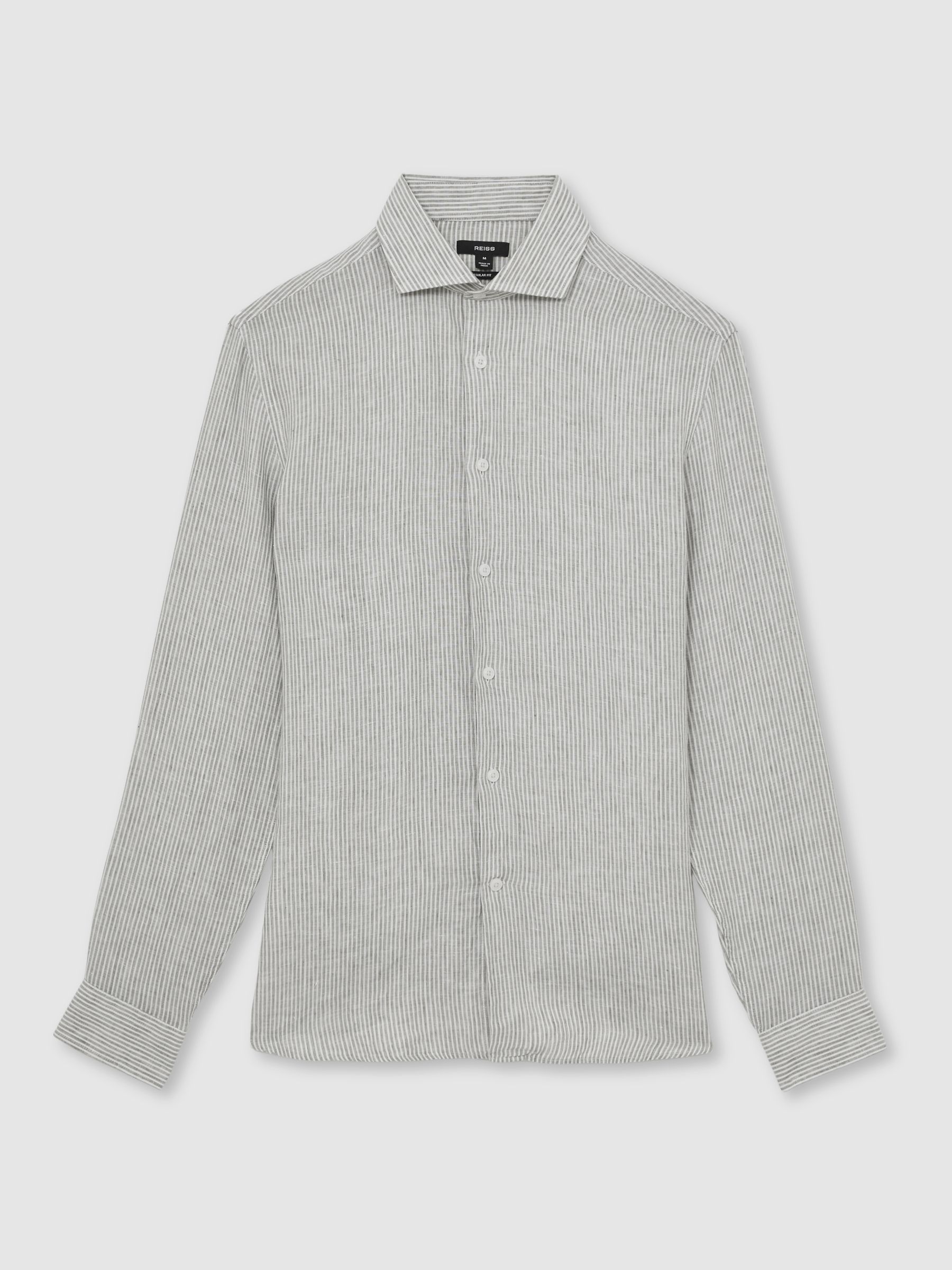 Linen Striped Cutaway-Collar Shirt in White/Thyme Green - Image 2 of 6