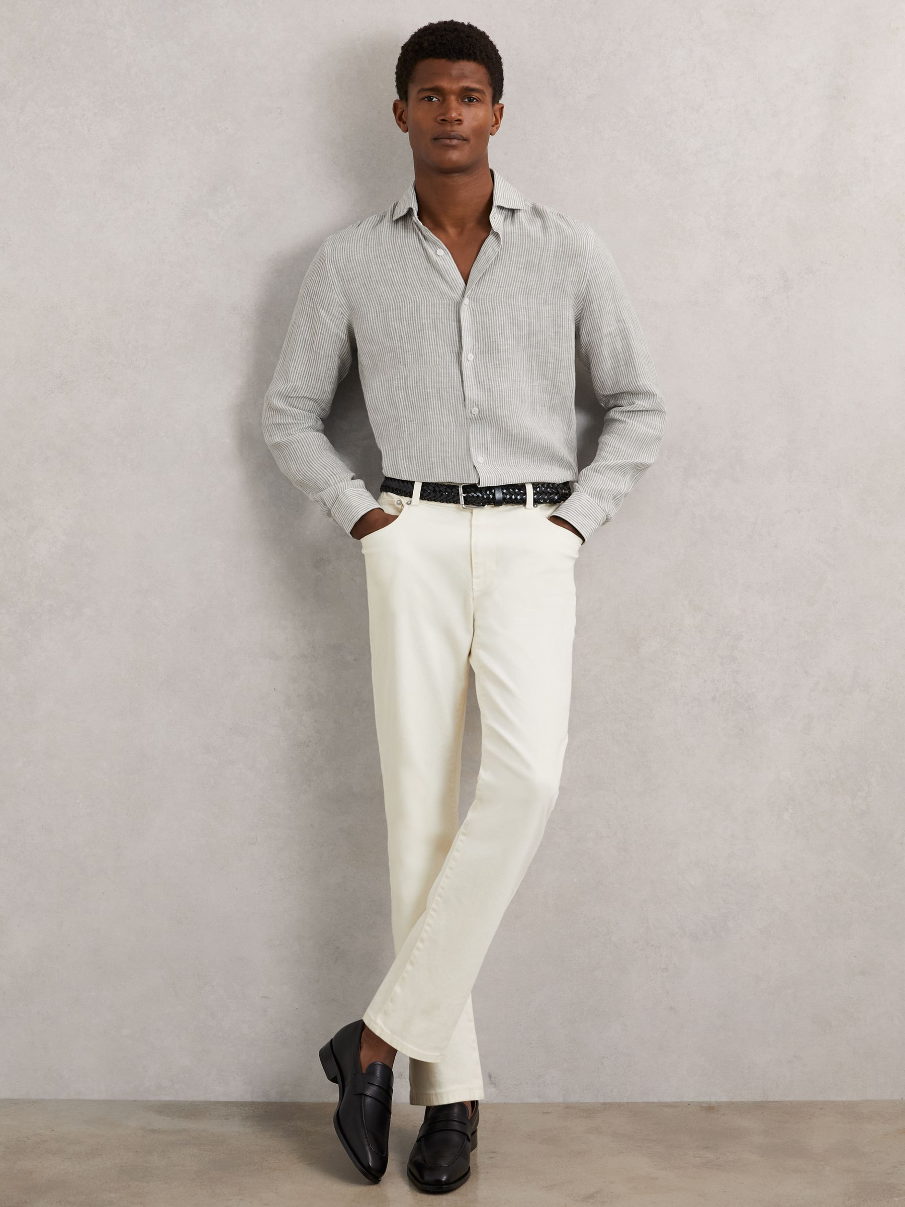 Linen Striped Cutaway-Collar Shirt in White/Thyme Green - Image 4 of 6