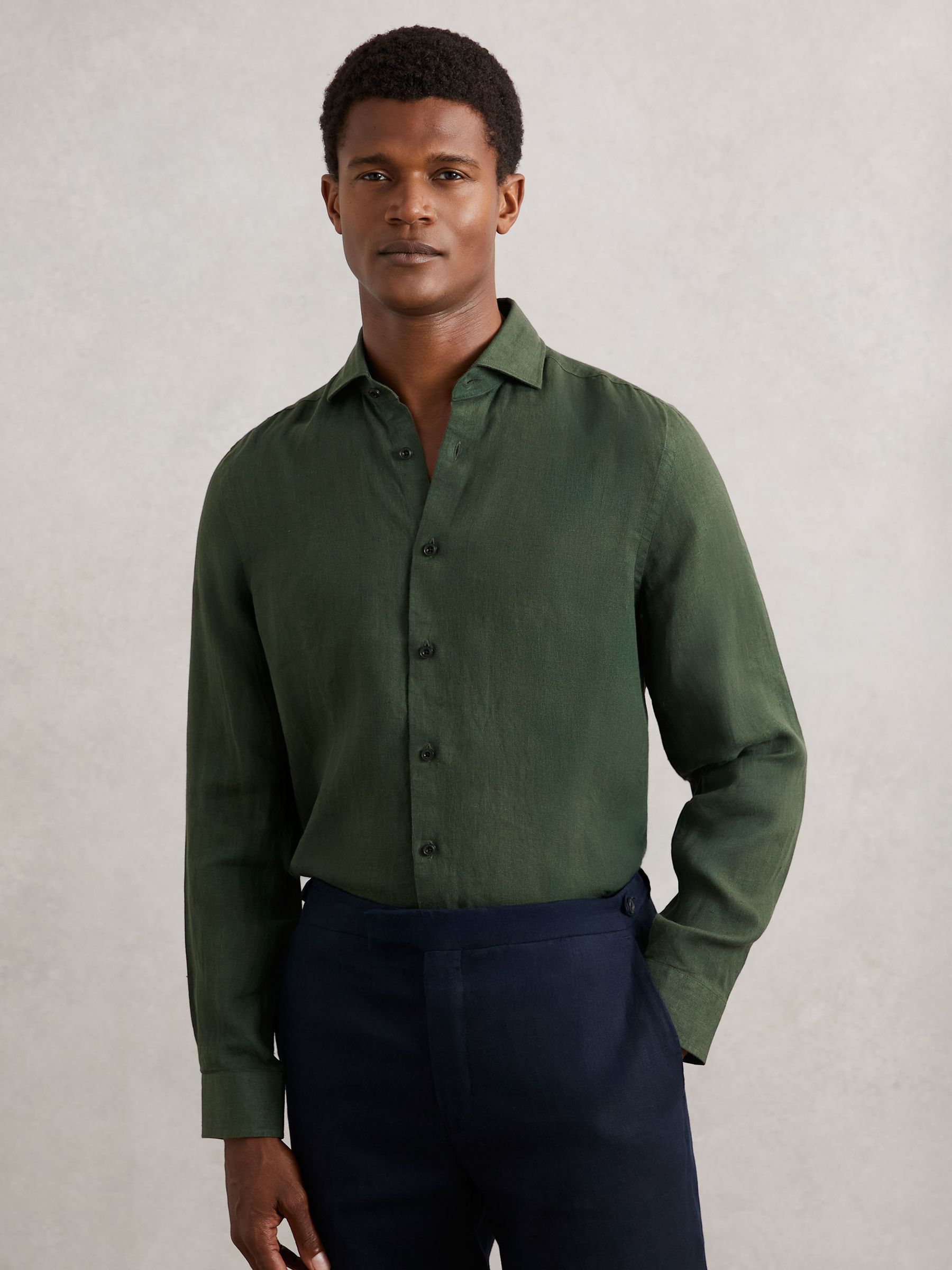Linen Cutaway-Collar Shirt in Kale Green - Image 1 of 6