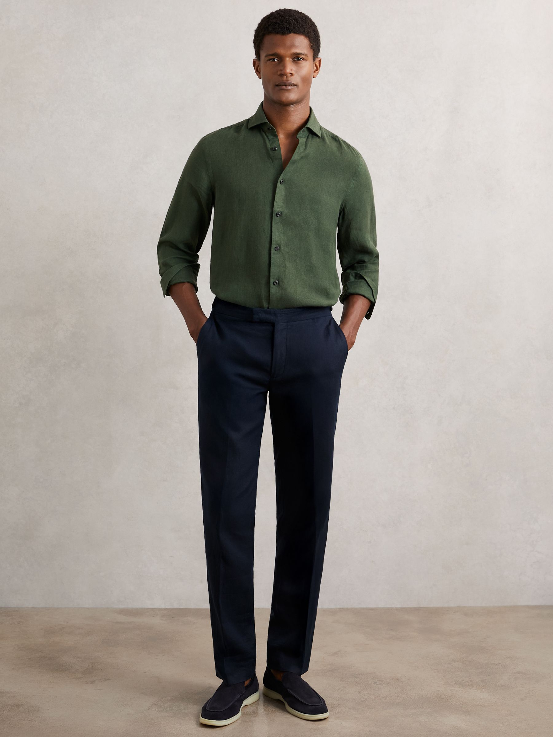 Linen Cutaway-Collar Regular-Fit Shirt in Kale Green - image 3