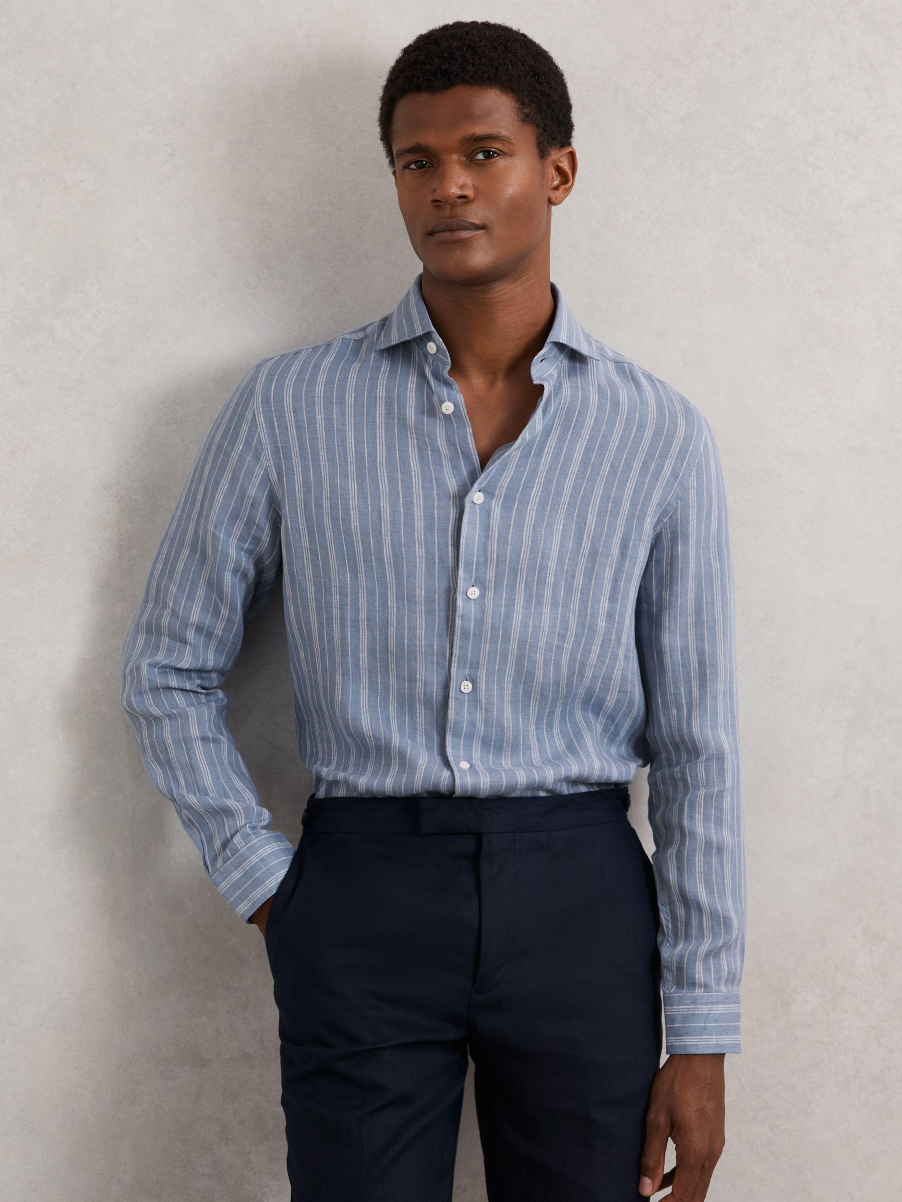 Linen Striped Cutaway-Collar Shirt in Airforce Blue/White - Image 1 of 6