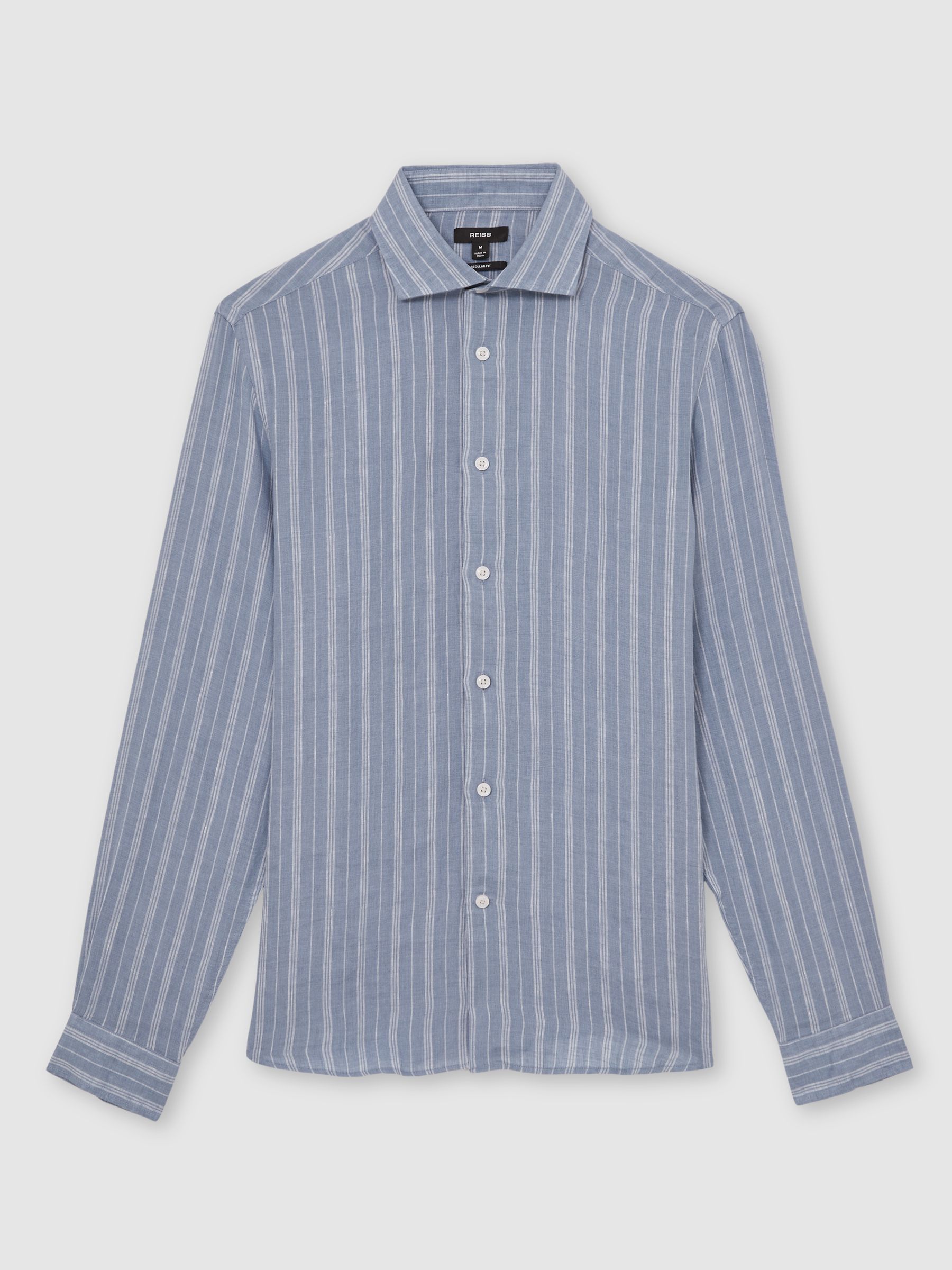 Linen Striped Cutaway-Collar Shirt in Airforce Blue/White - Image 2 of 6
