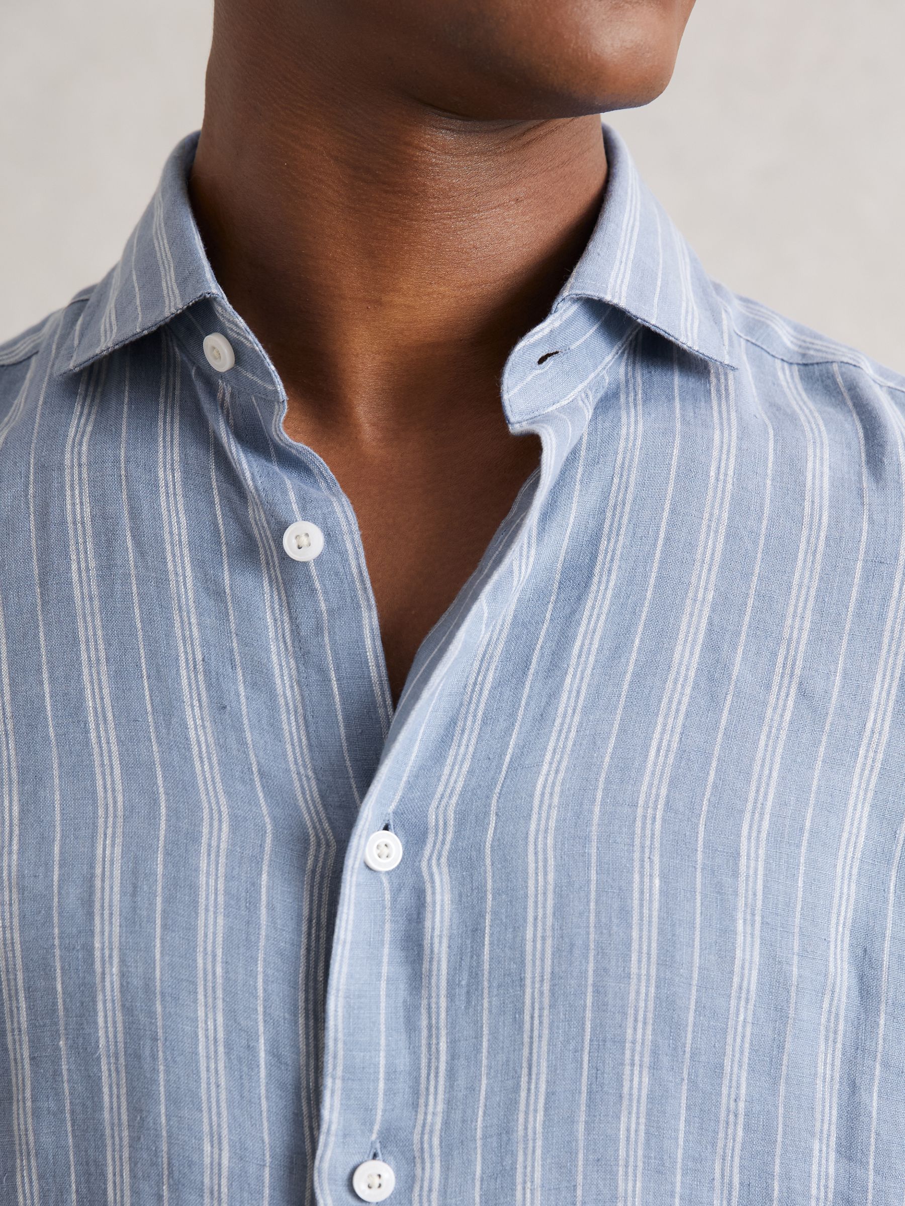 Linen Striped Cutaway-Collar Shirt in Airforce Blue/White - Image 3 of 6