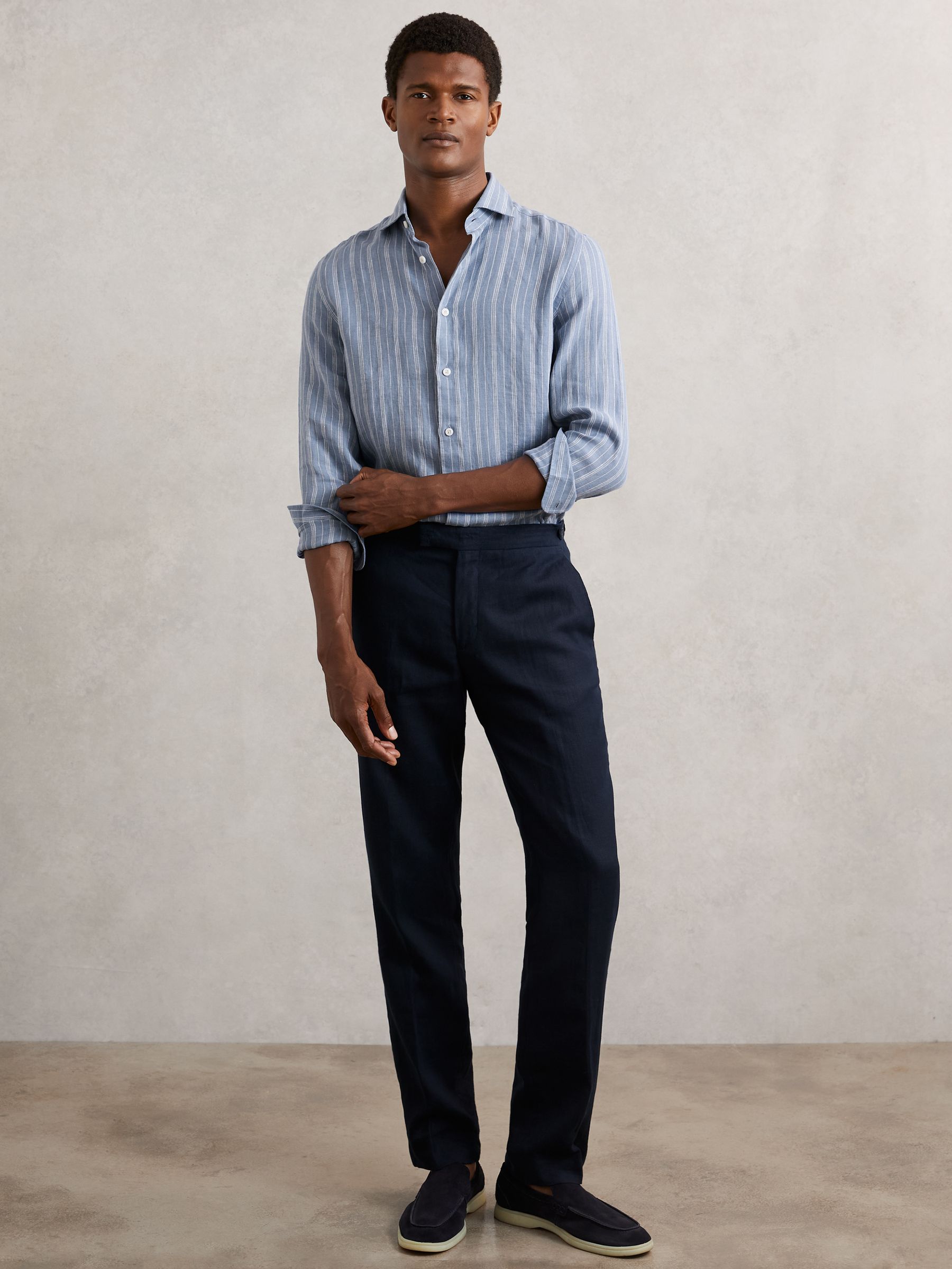 Linen Striped Cutaway-Collar Shirt in Airforce Blue/White - Image 4 of 6