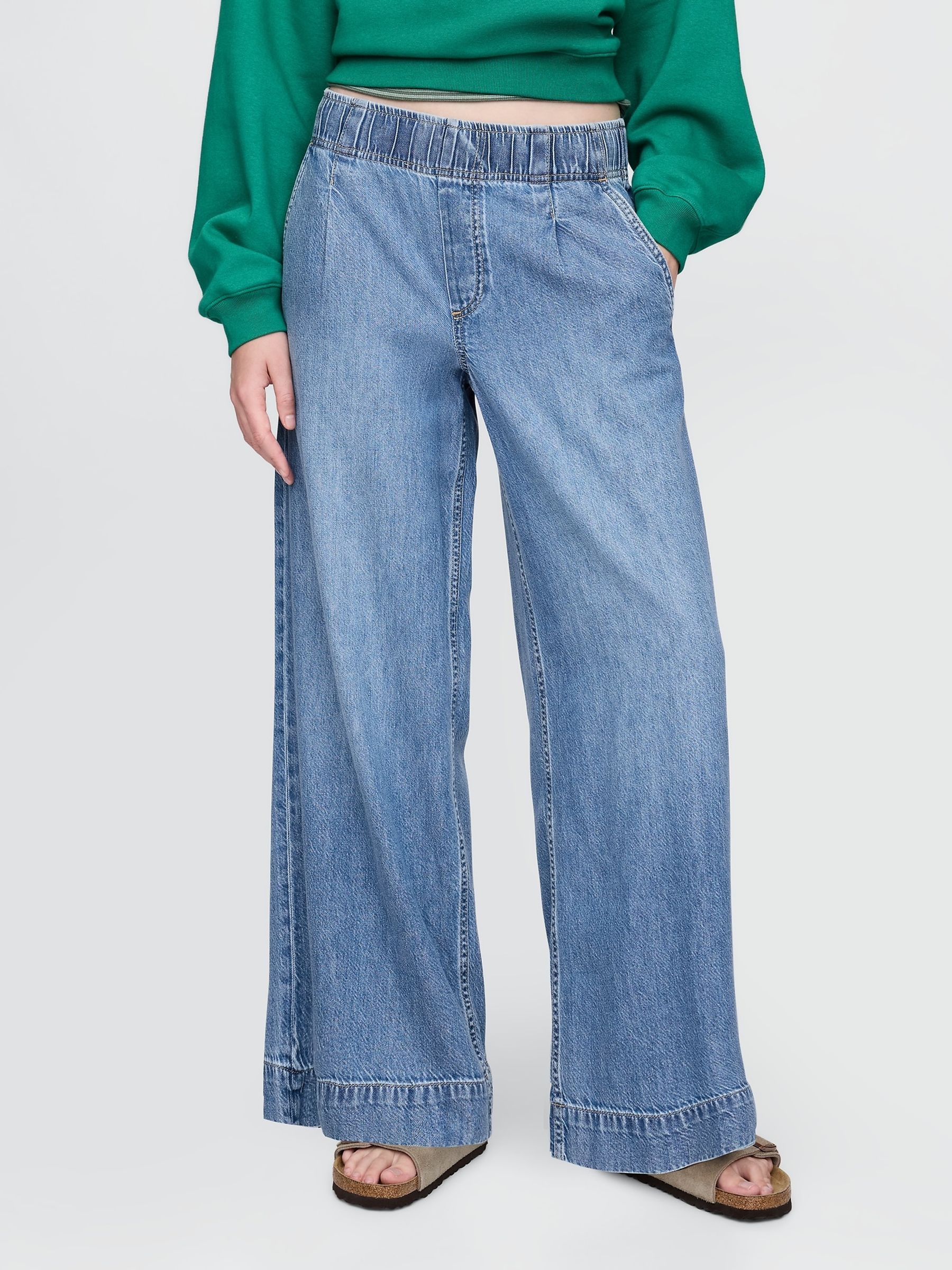 Blue Mid Waist UltraSoft Pleated Easy Baggy Jeans - Image 1 of 6