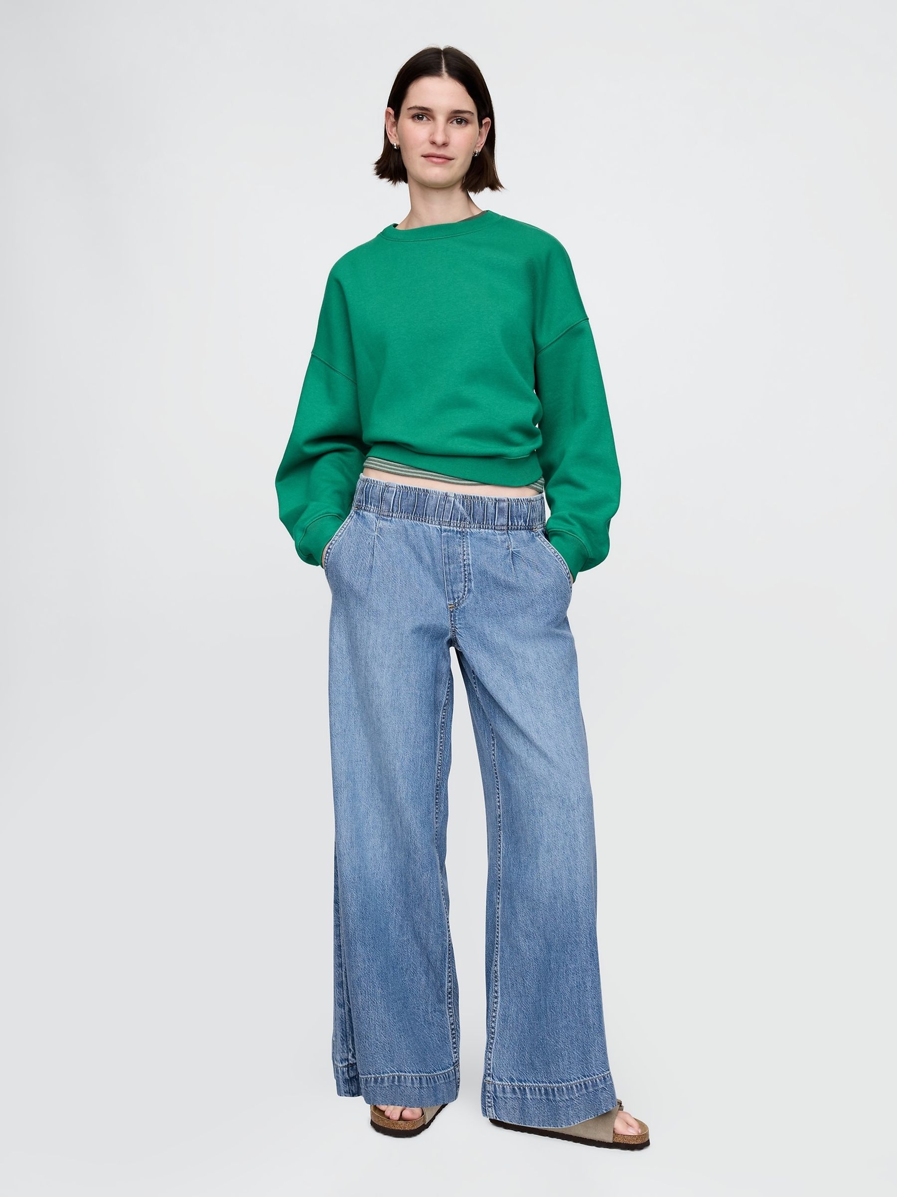 Blue Mid Waist UltraSoft Pleated Easy Baggy Jeans - Image 4 of 6