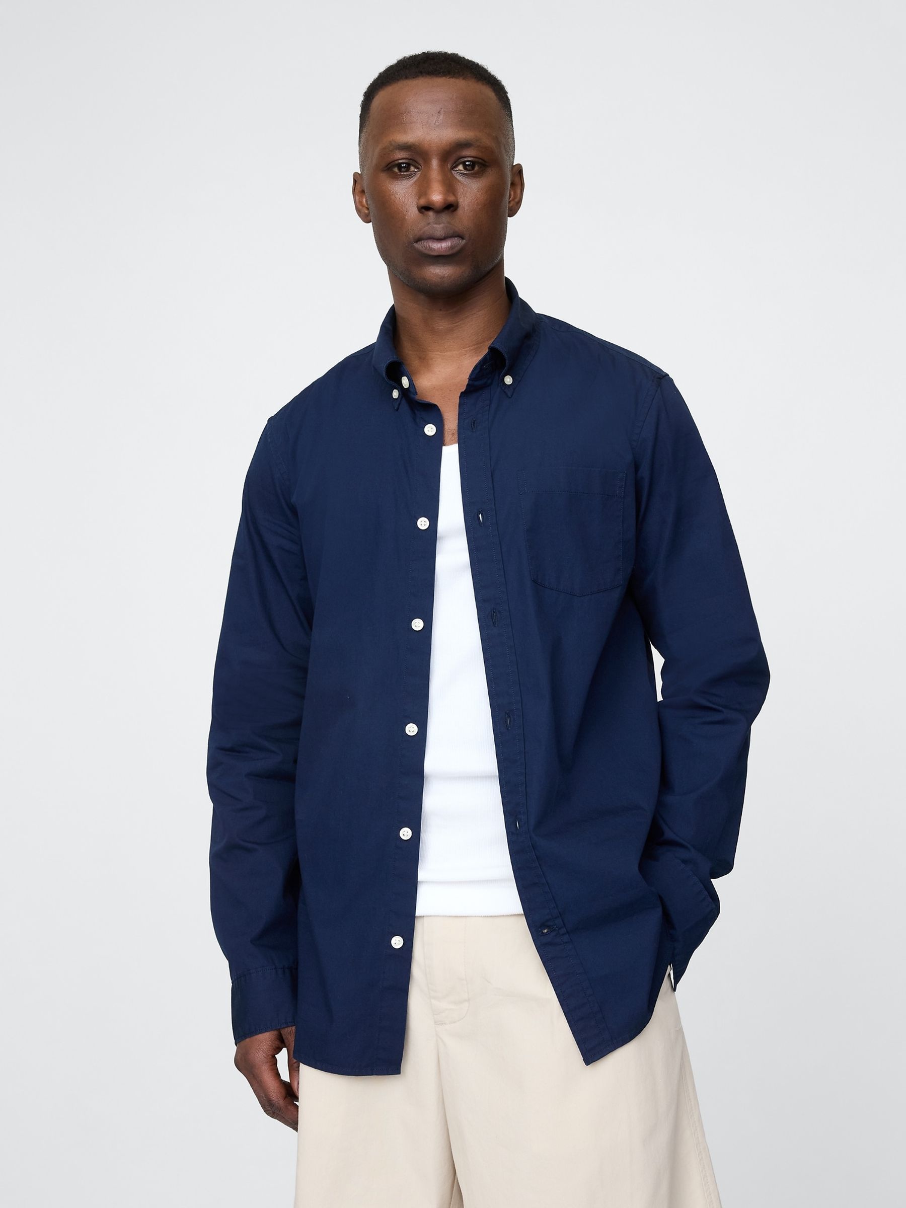 Navy Blue Cotton Poplin Classic Shirt - Image 1 of 9