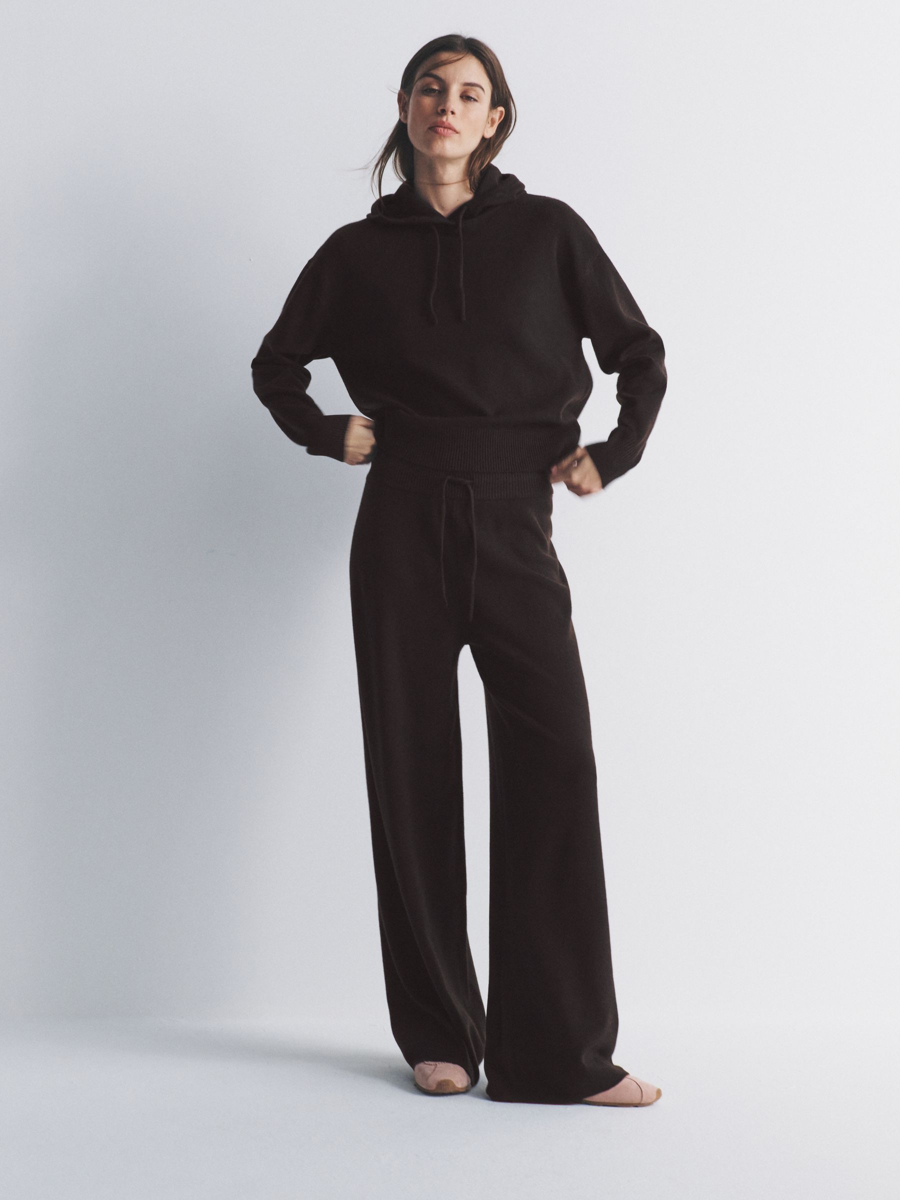 Knitted Ribbed Hoodie and Wide Leg Trouser Co-ord Chocolate Brown - Image 1 of 6