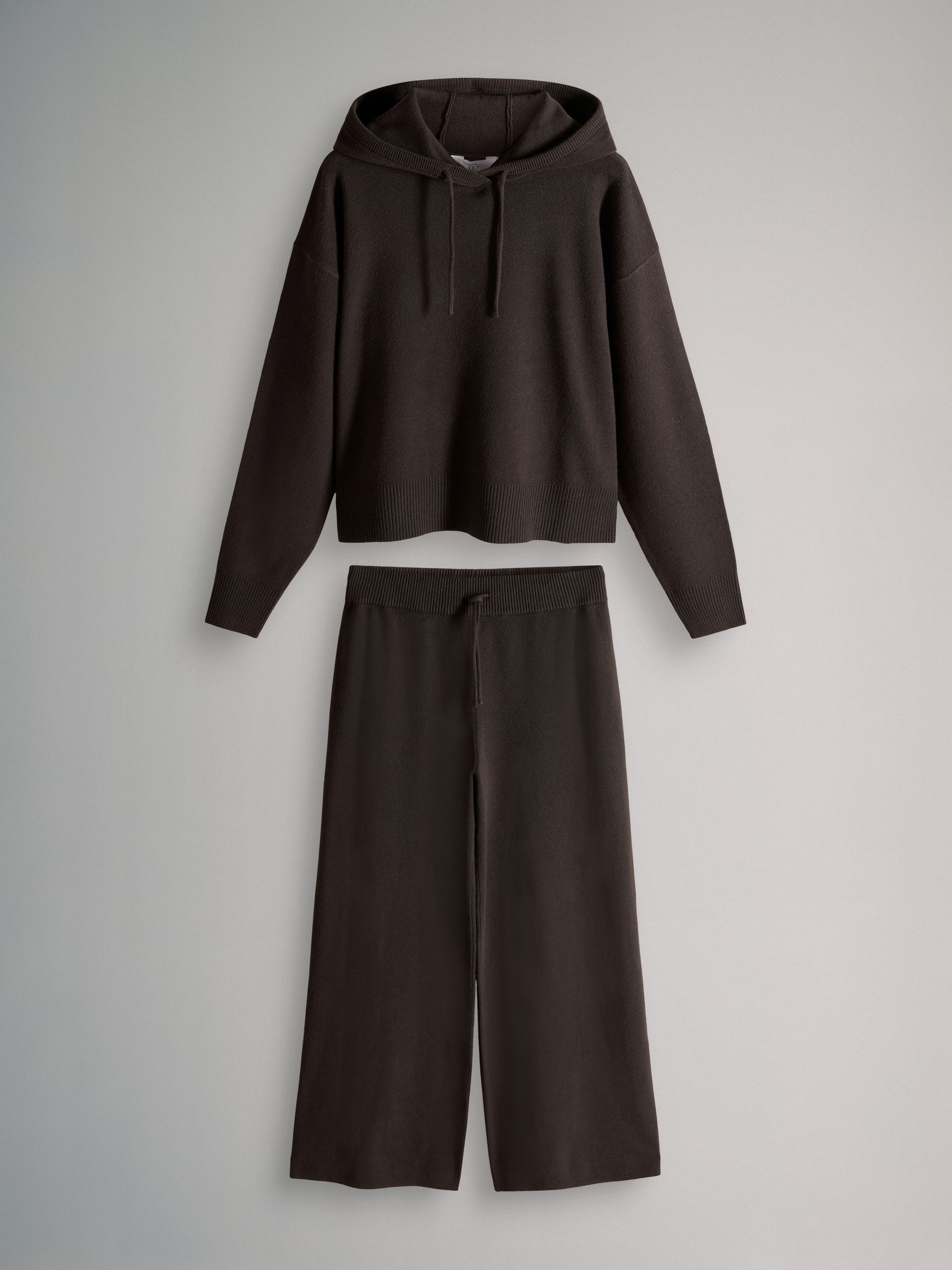 Knitted Ribbed Hoodie and Wide Leg Trouser Co-ord Chocolate Brown - Image 2 of 6