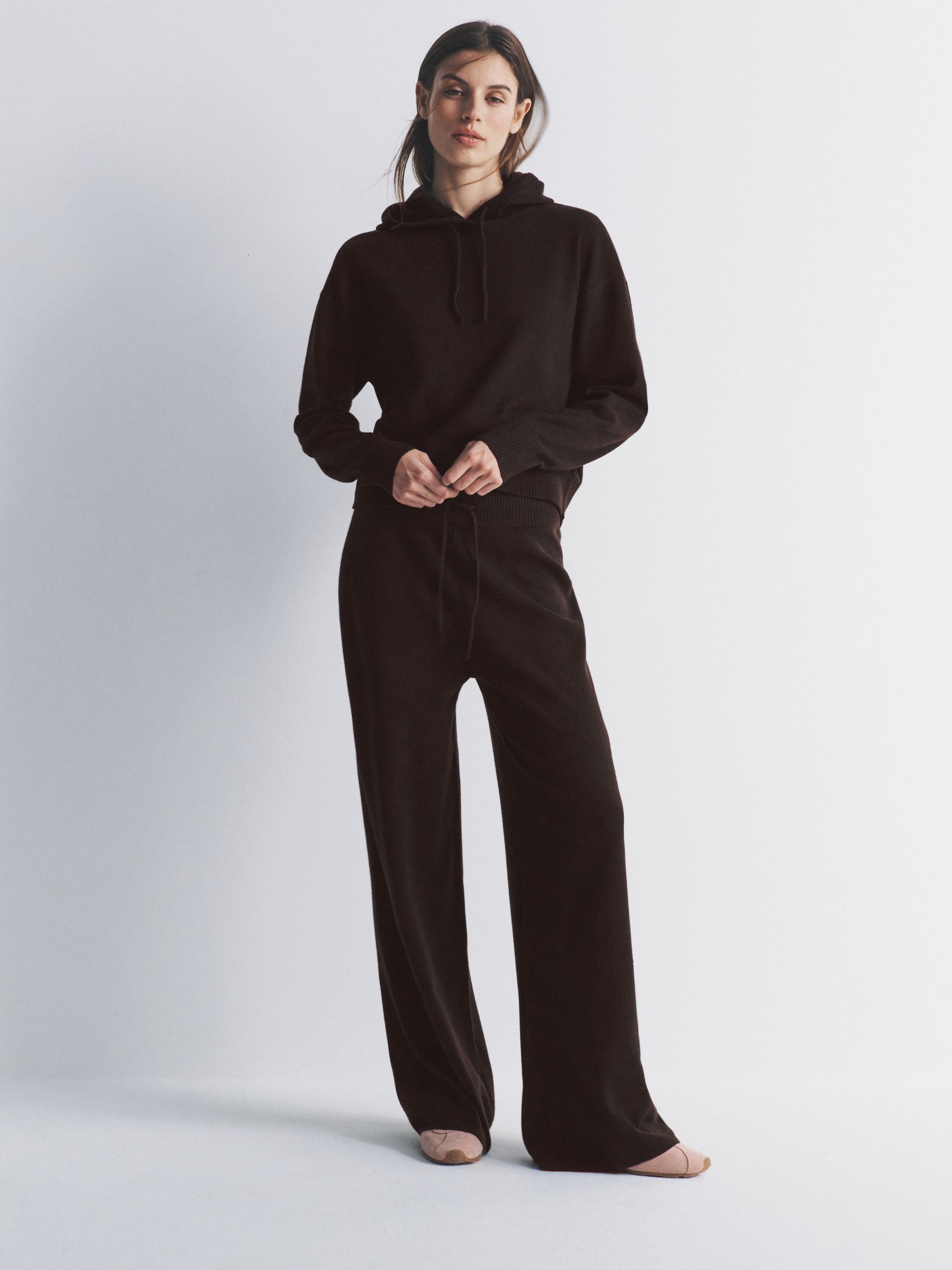 Knitted Ribbed Hoodie and Wide Leg Trouser Co-ord Chocolate Brown - Image 3 of 6