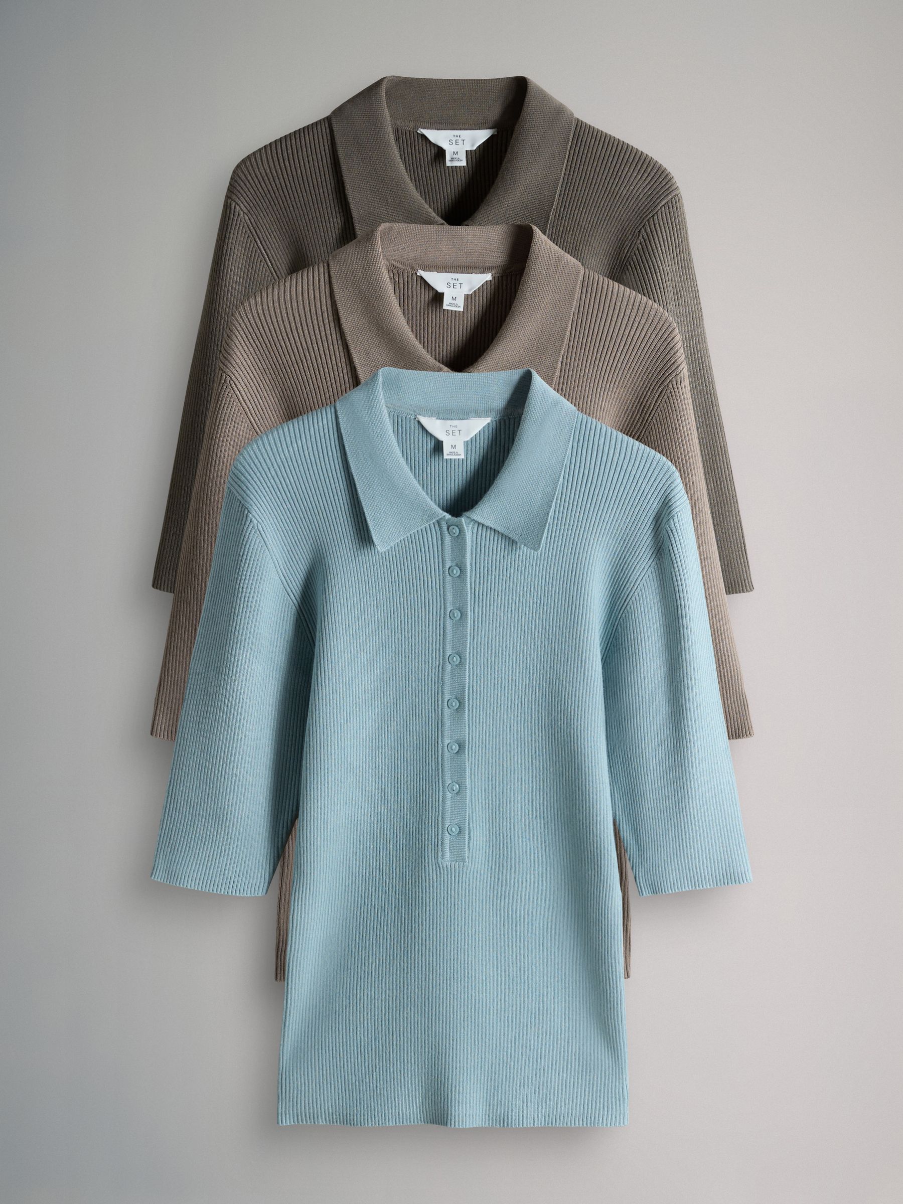 Brown/Neutral/Blue Knitted Ribbed Polo Tops 3 Pack - Image 1 of 6