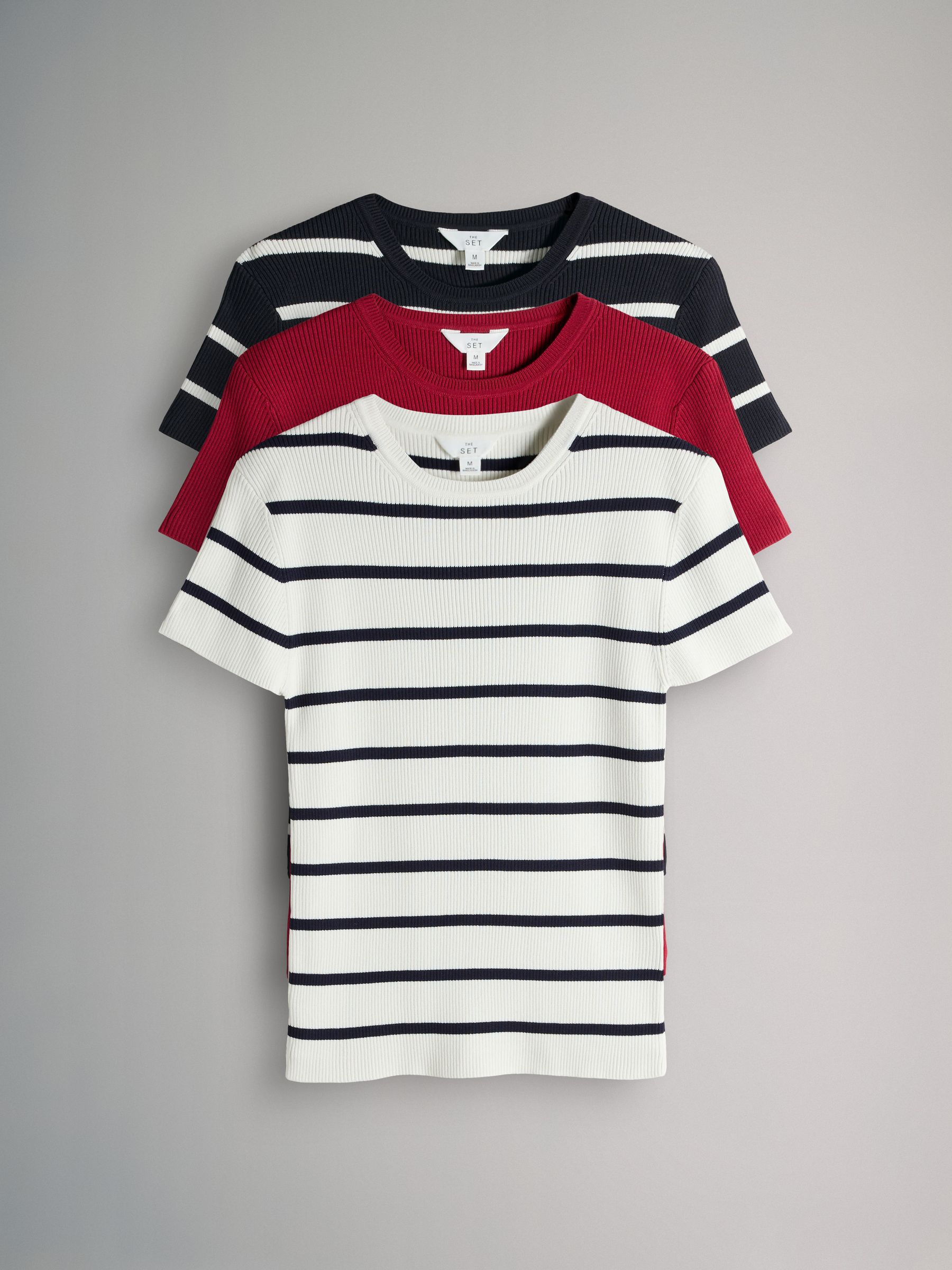3 Pack Ribbed Knitted Short Sleeve Tees White Stripe/Navy Stripe/Red - Image 1 of 6