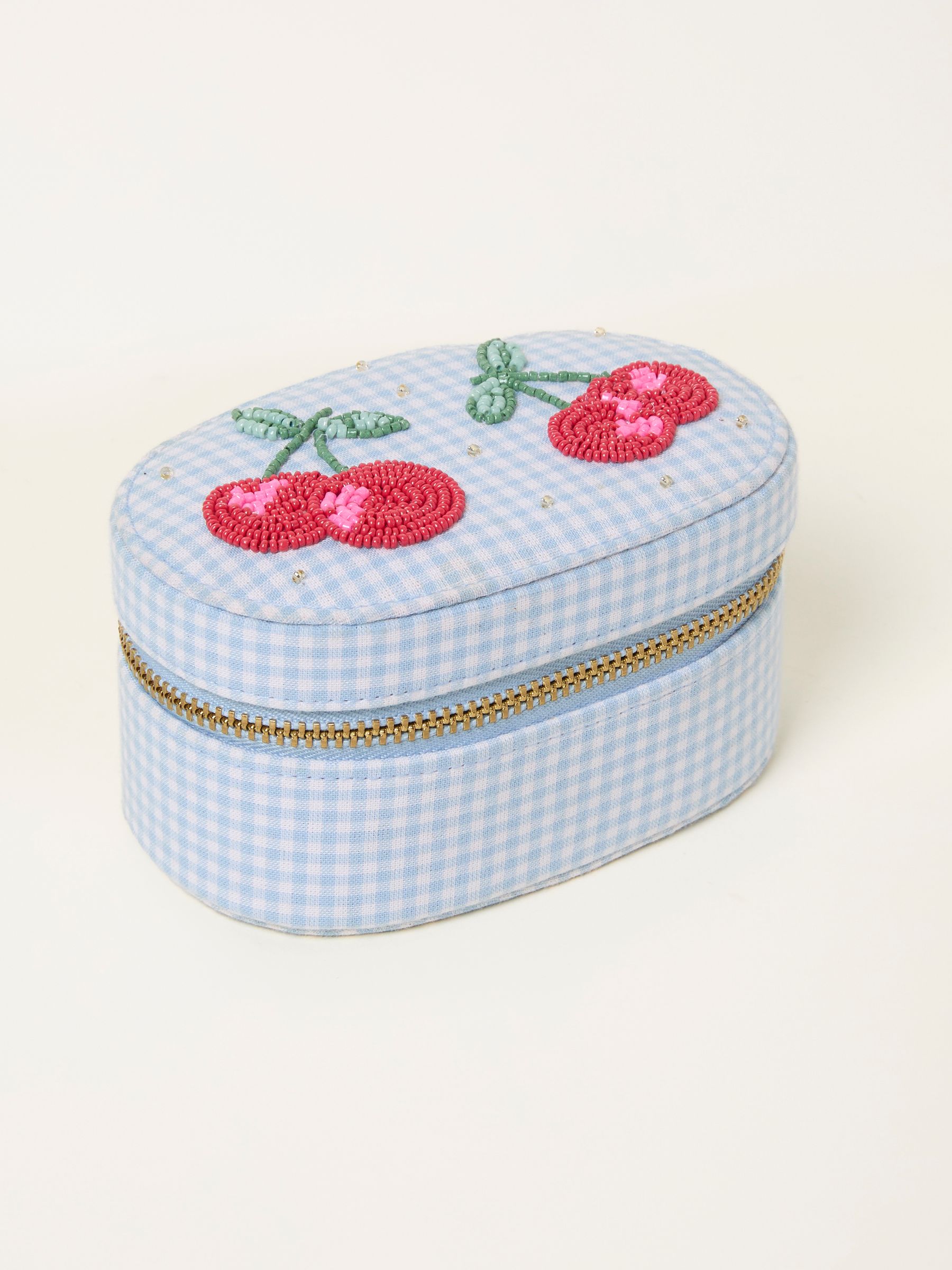Blue Beaded Cherry Gingham Jewellery Box - Image 1 of 2