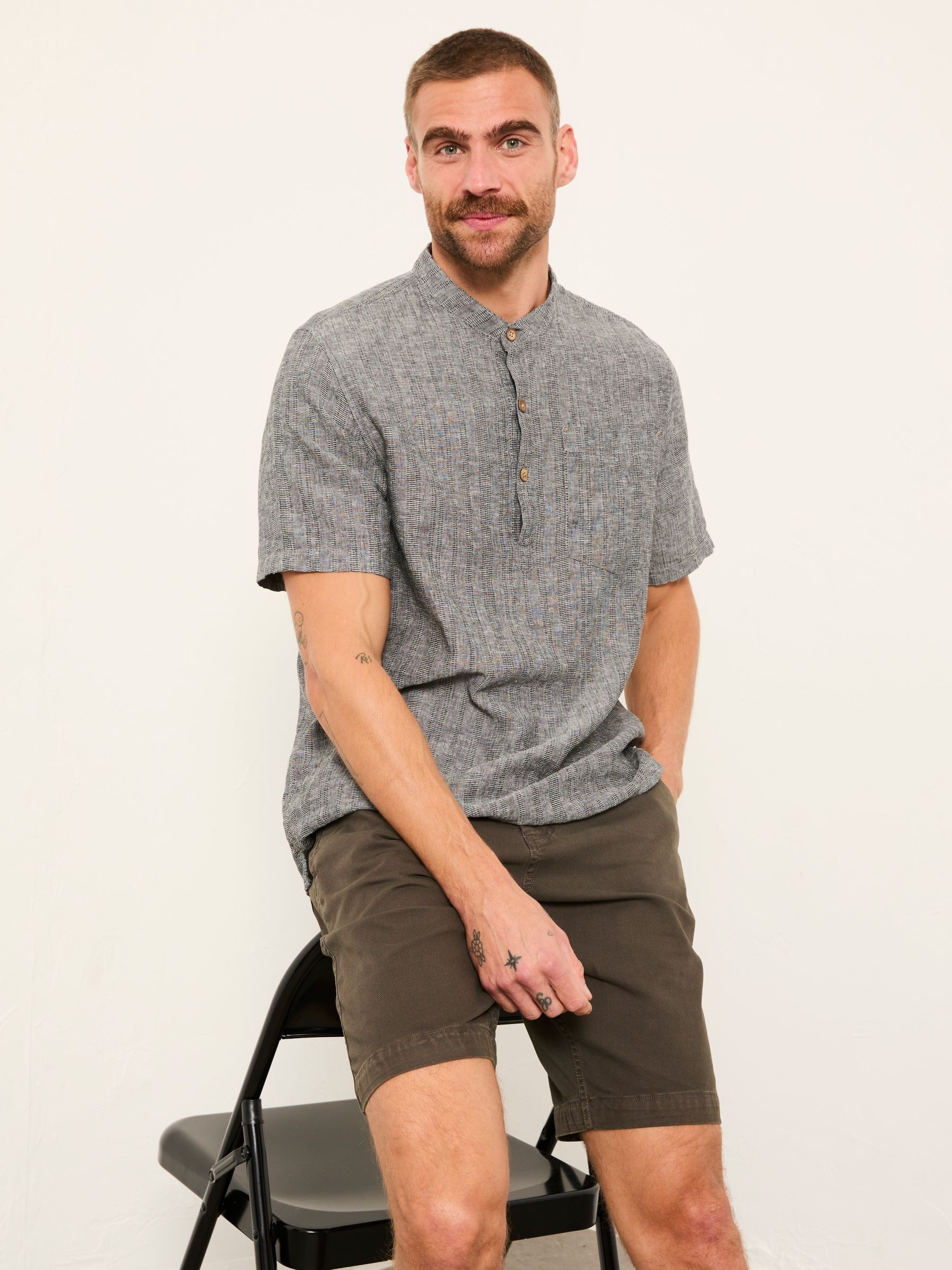 Bugle Washed Black Bold Stripe Short Sleeve Grandad Popover Shirt - Image 1 of 5