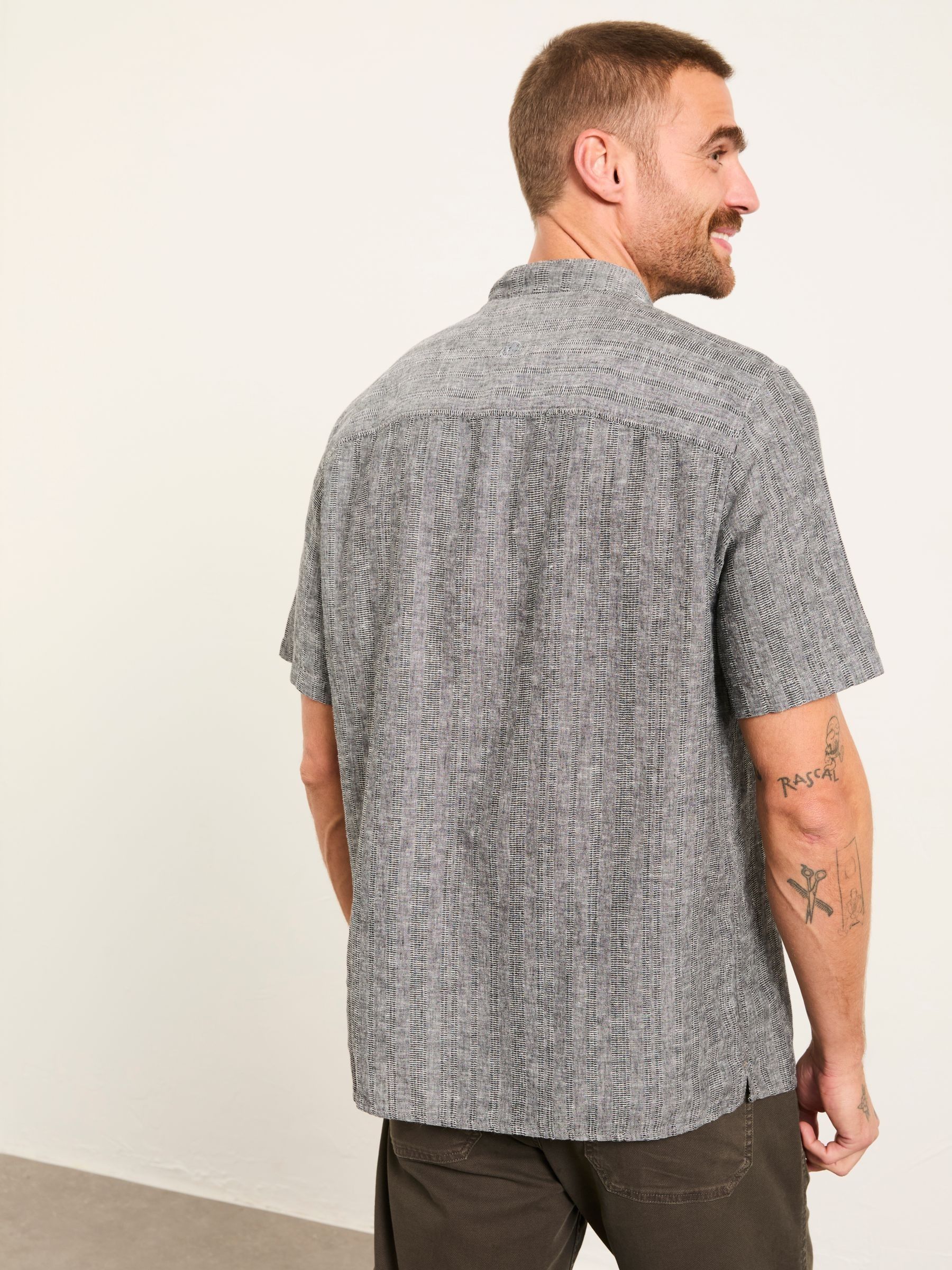Bugle Washed Black Bold Stripe Short Sleeve Grandad Popover Shirt