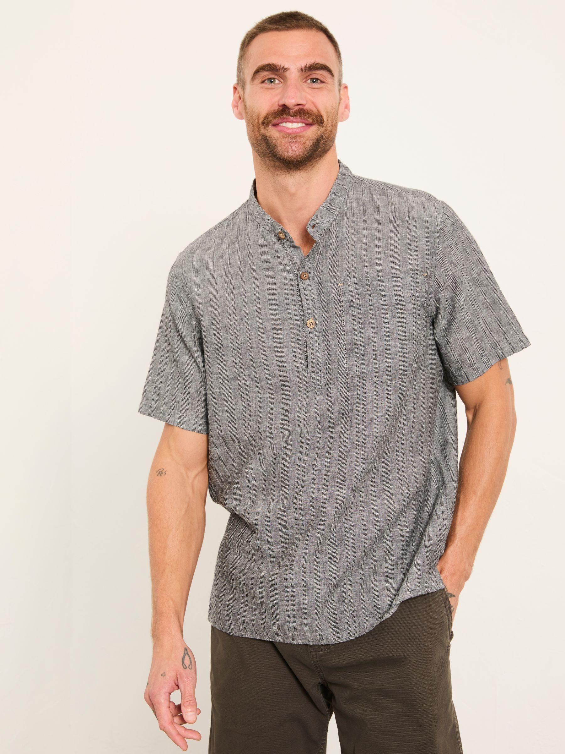Bugle Washed Black Bold Stripe Short Sleeve Grandad Popover Shirt