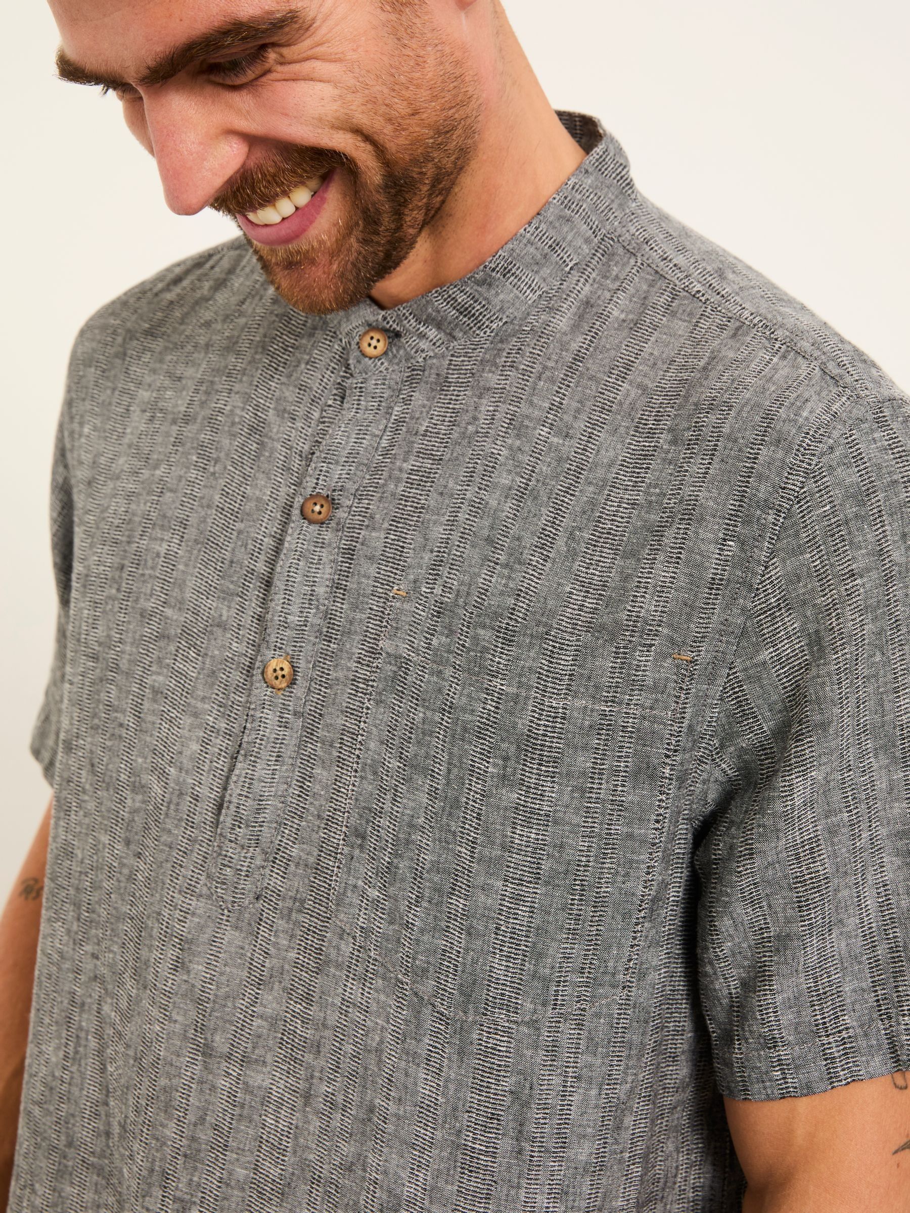 Bugle Washed Black Bold Stripe Short Sleeve Grandad Popover Shirt