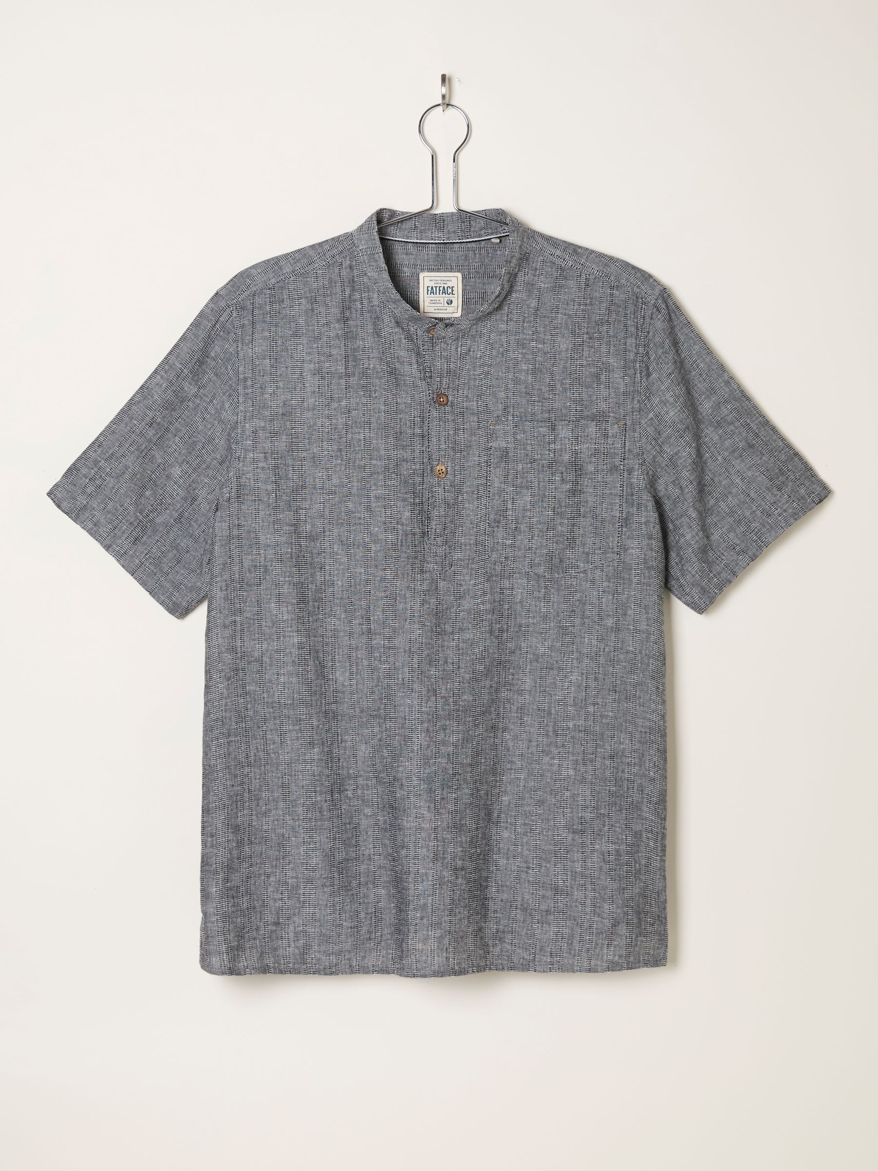Bugle Washed Black Bold Stripe Short Sleeve Grandad Popover Shirt