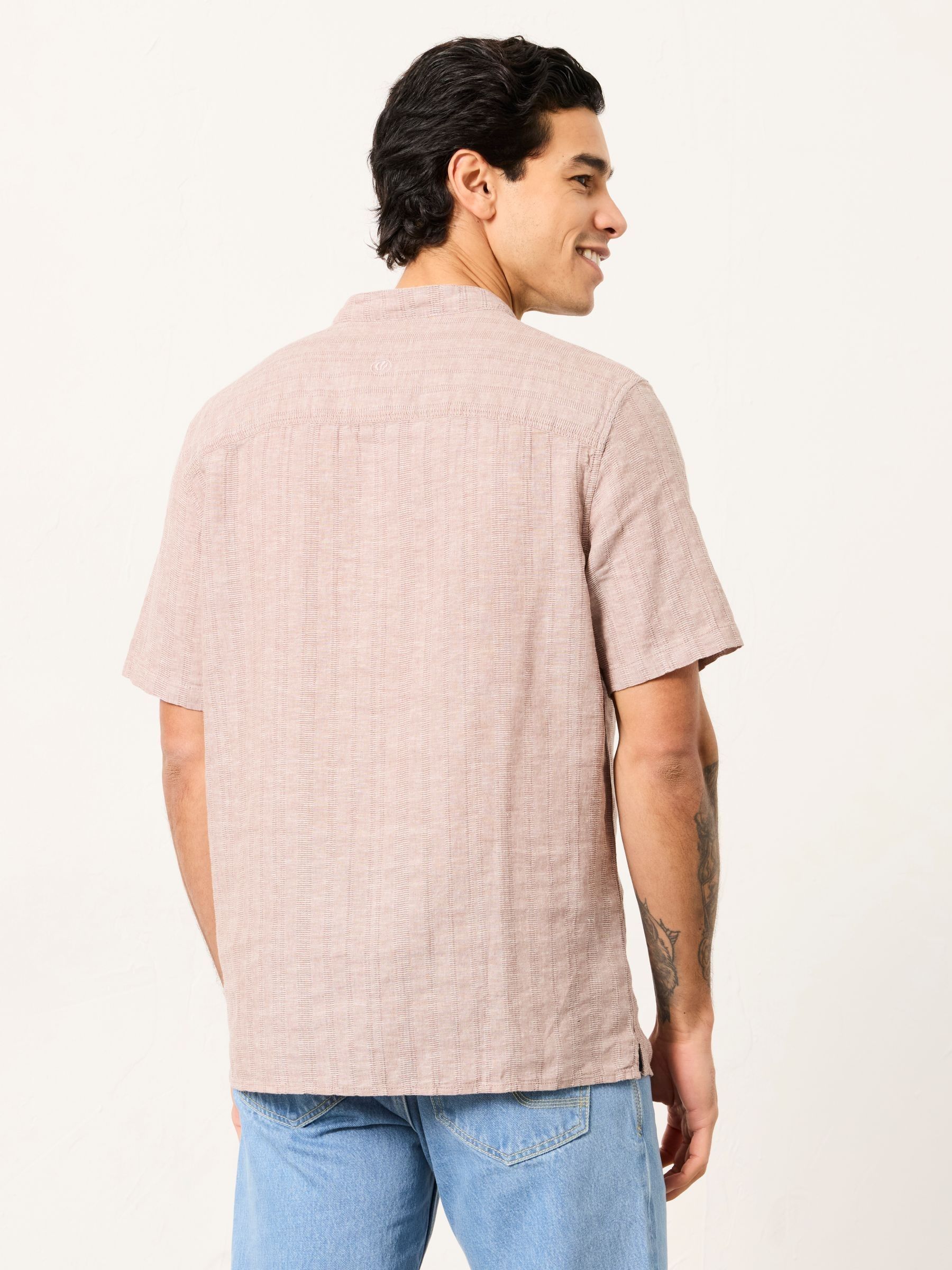 Bugle Dark Natural Bold Stripe Short Sleeve Grandad Popover Shirt - Image 2 of 6