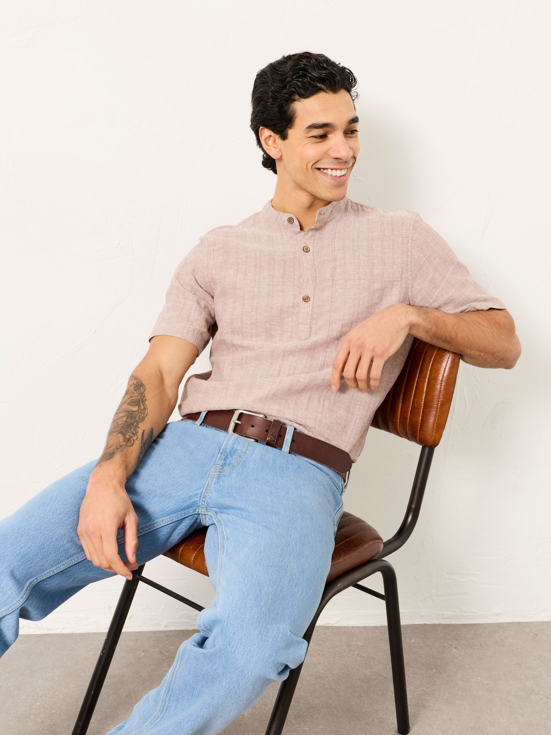 Bugle Dark Natural Bold Stripe Short Sleeve Grandad Popover Shirt - Image 4 of 6