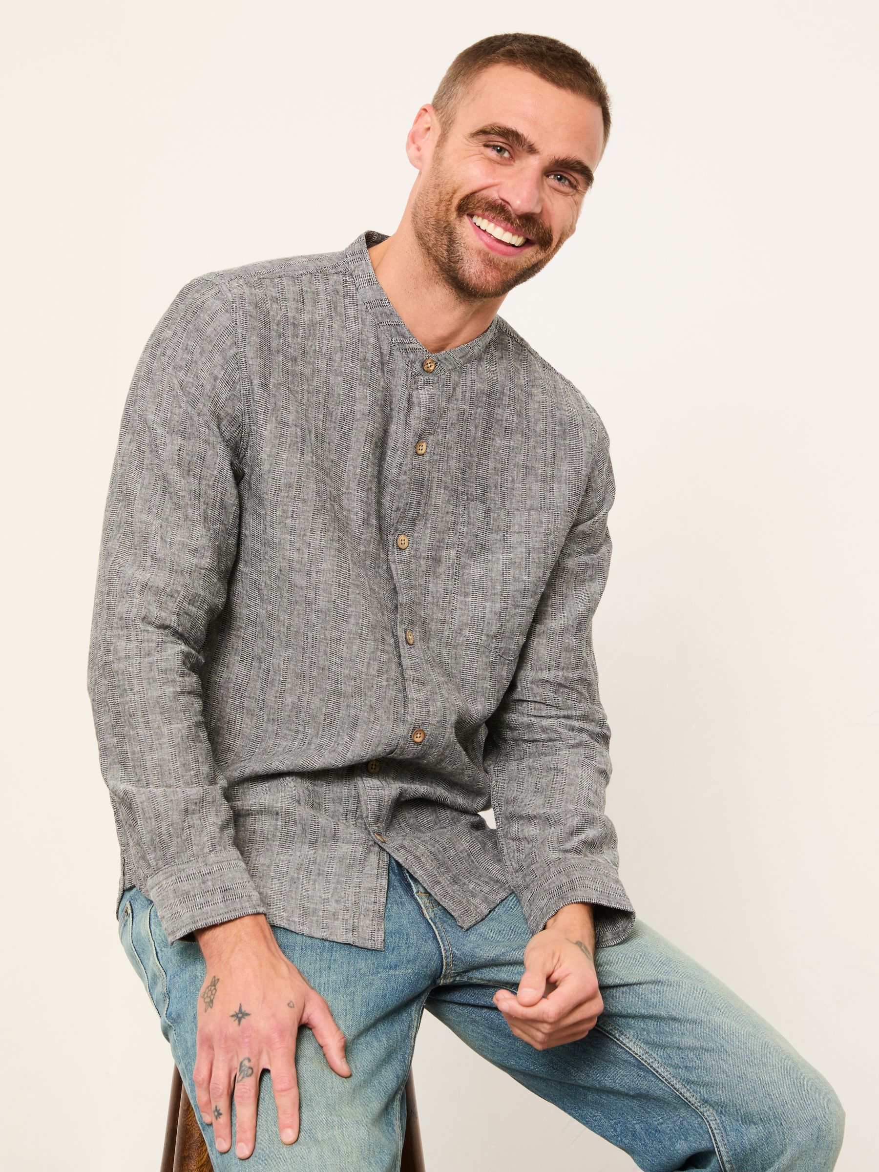 Bugle Washed Black Bold Stripe Long Sleeve Grandad Linen Cotton Shirt - Image 1 of 5