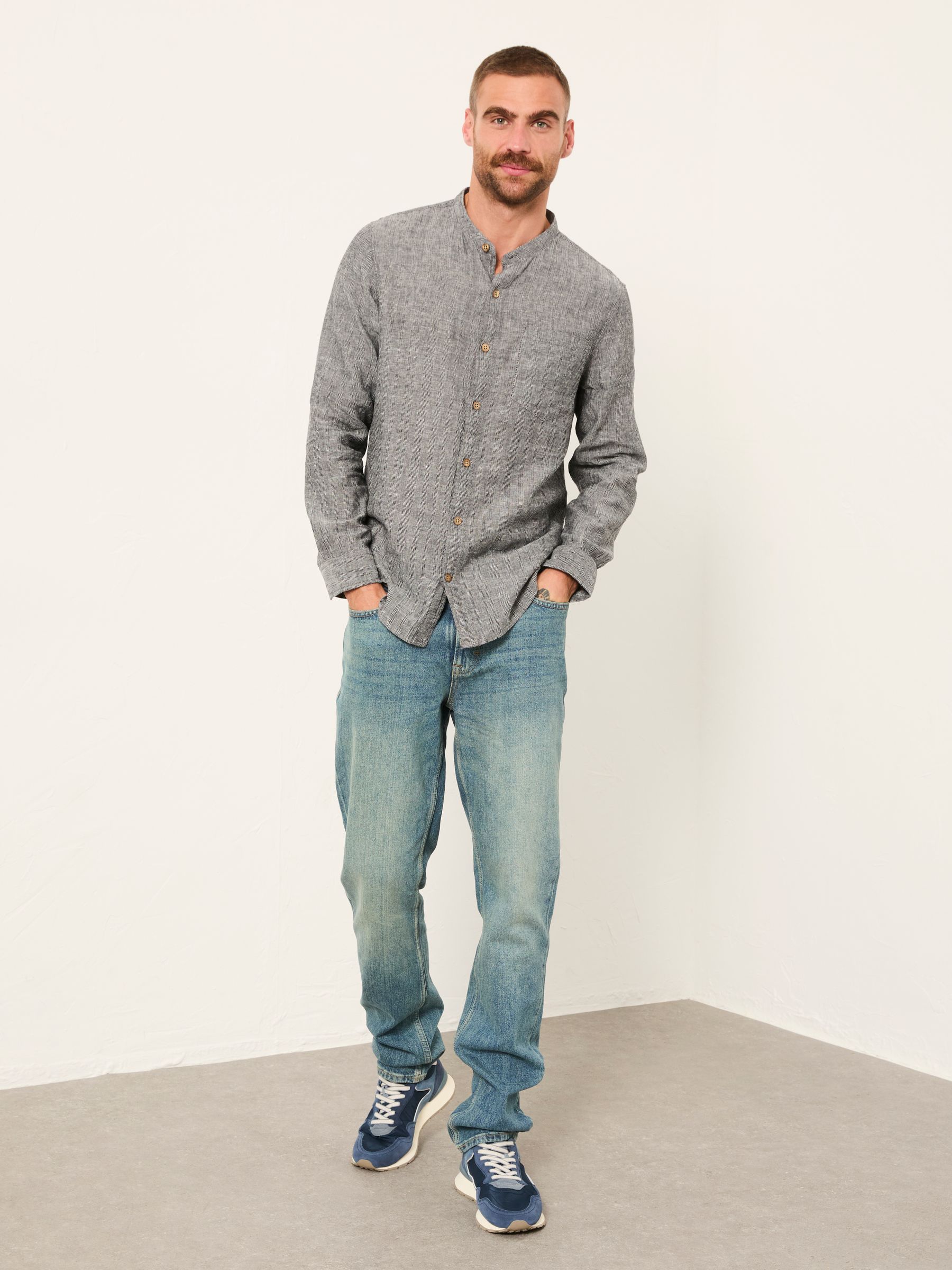 Bugle Washed Black Bold Stripe Long Sleeve Grandad Linen Cotton Shirt - Image 3 of 5