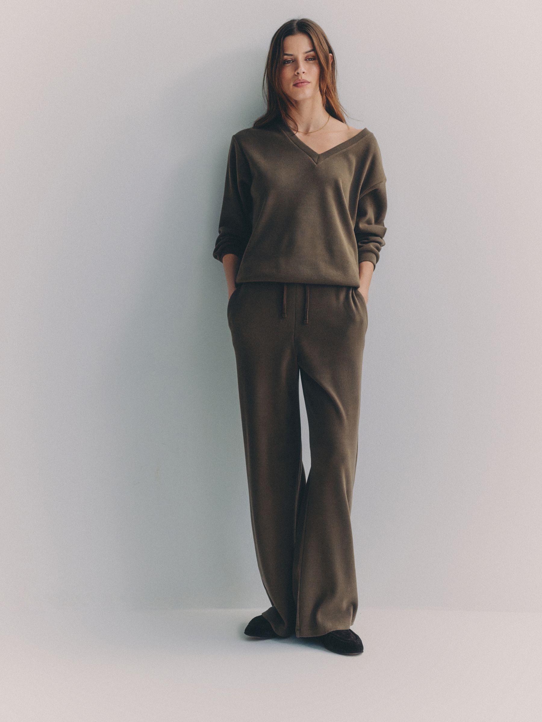 Waffle V-Neck Sweat Top And Wide Leg Jogger Set Taupe Brown - Image 1 of 6
