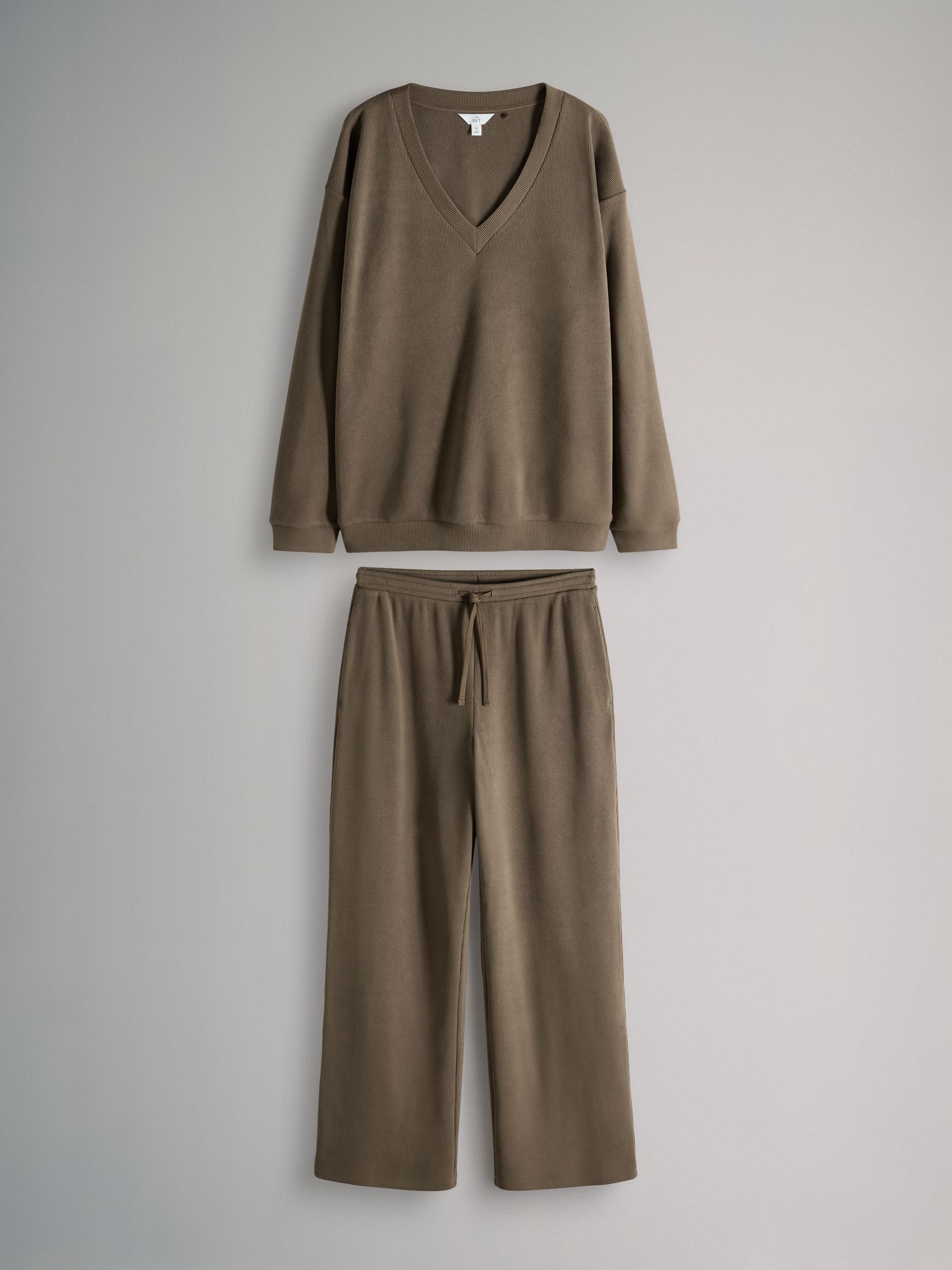 Waffle V-Neck Sweat Top And Wide Leg Jogger Set Taupe Brown - Image 2 of 6 Waffle V-Neck Sweat Top And Wide Leg Jogger Set Taupe Brown - Image 2 of 6