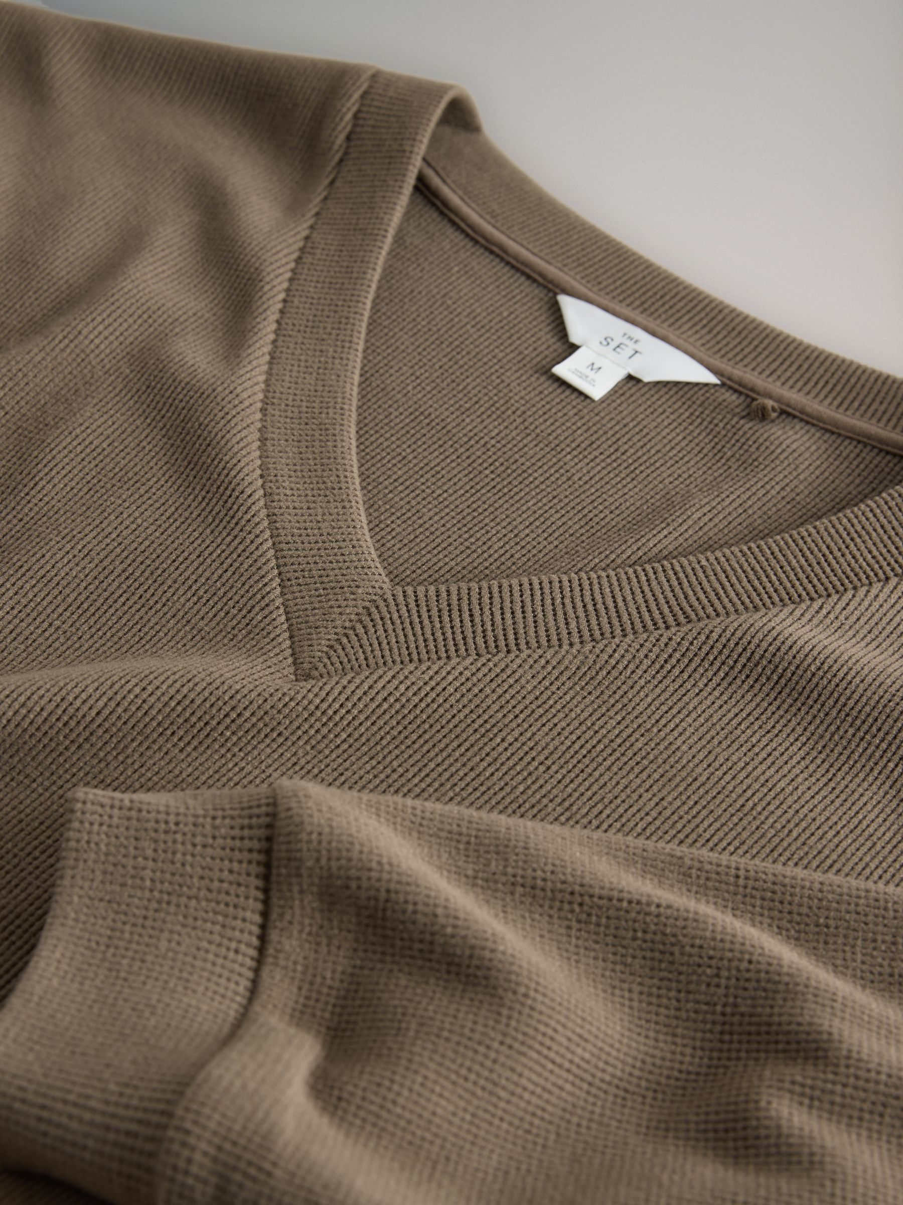 Waffle V-Neck Sweat Top And Wide Leg Jogger Set Taupe Brown - Image 6 of 6