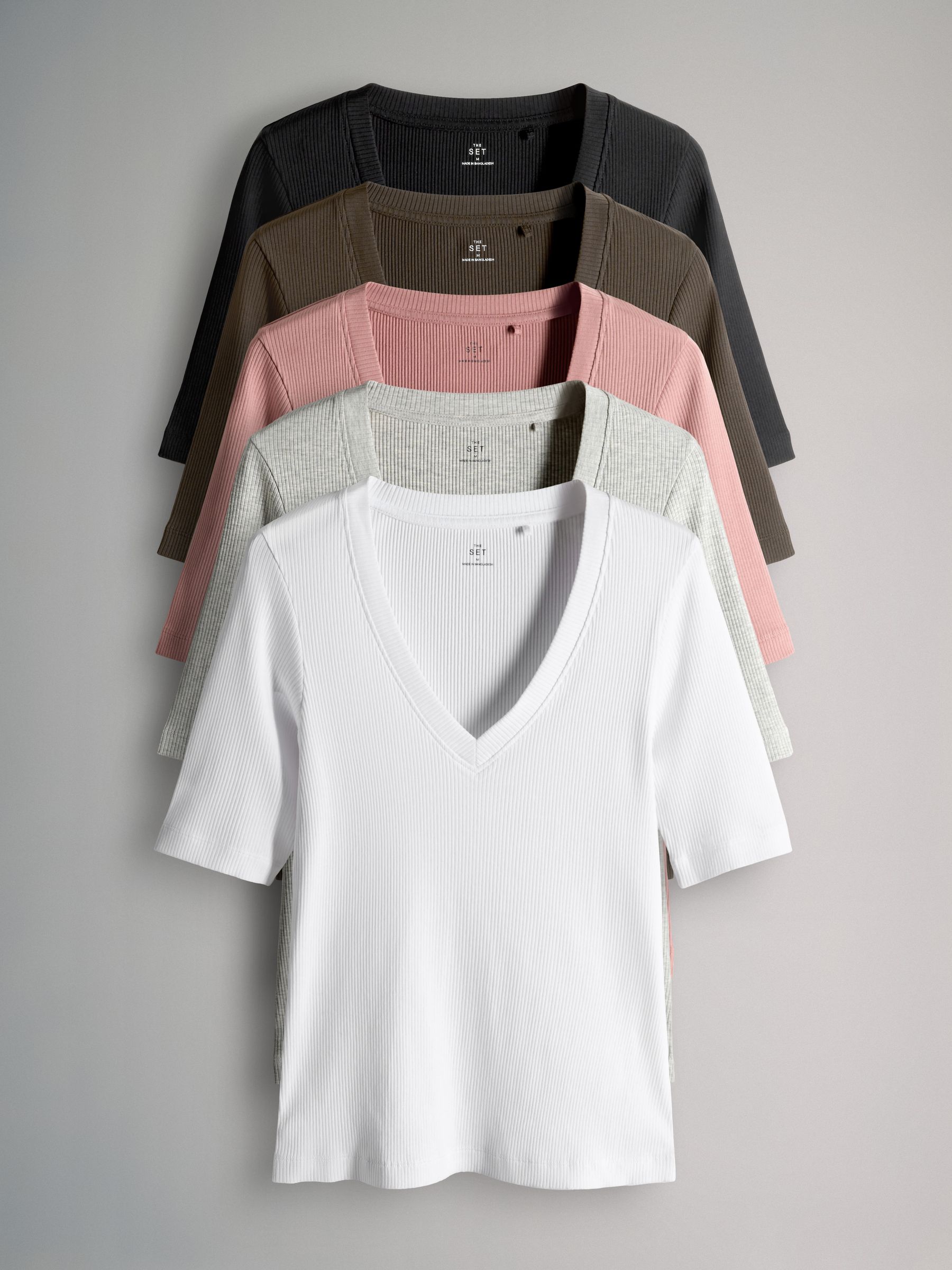 5 Pack V-Neck Short Sleeve Ribbed T-Shirts Multi - Image 1 of 6