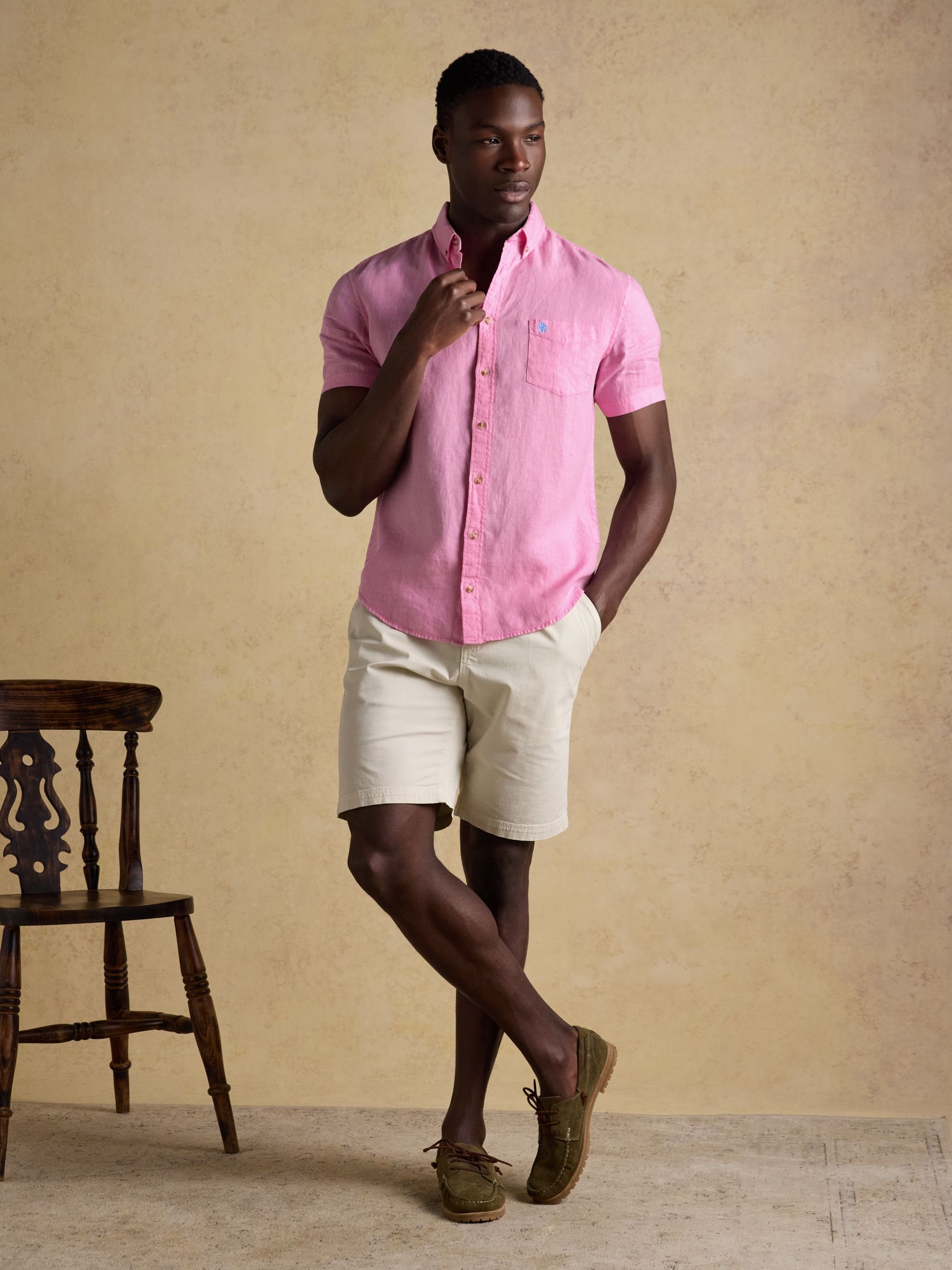 Pink Pure Linen Short Sleeve Classic Fit Shirt - Image 4 of 7