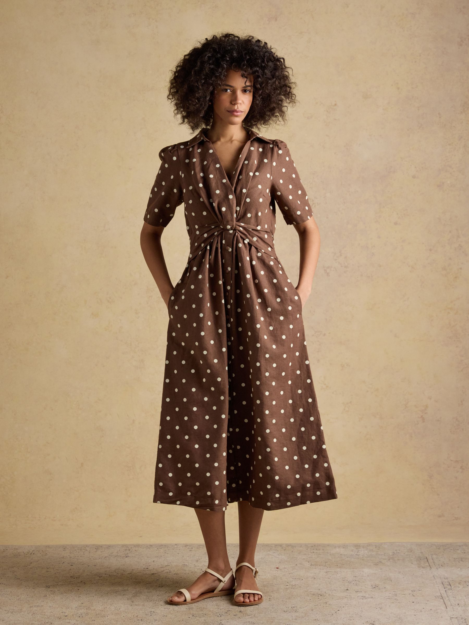 Marina Brown Polka Dot Midi Linen Blend Dress - Image 1 of 7