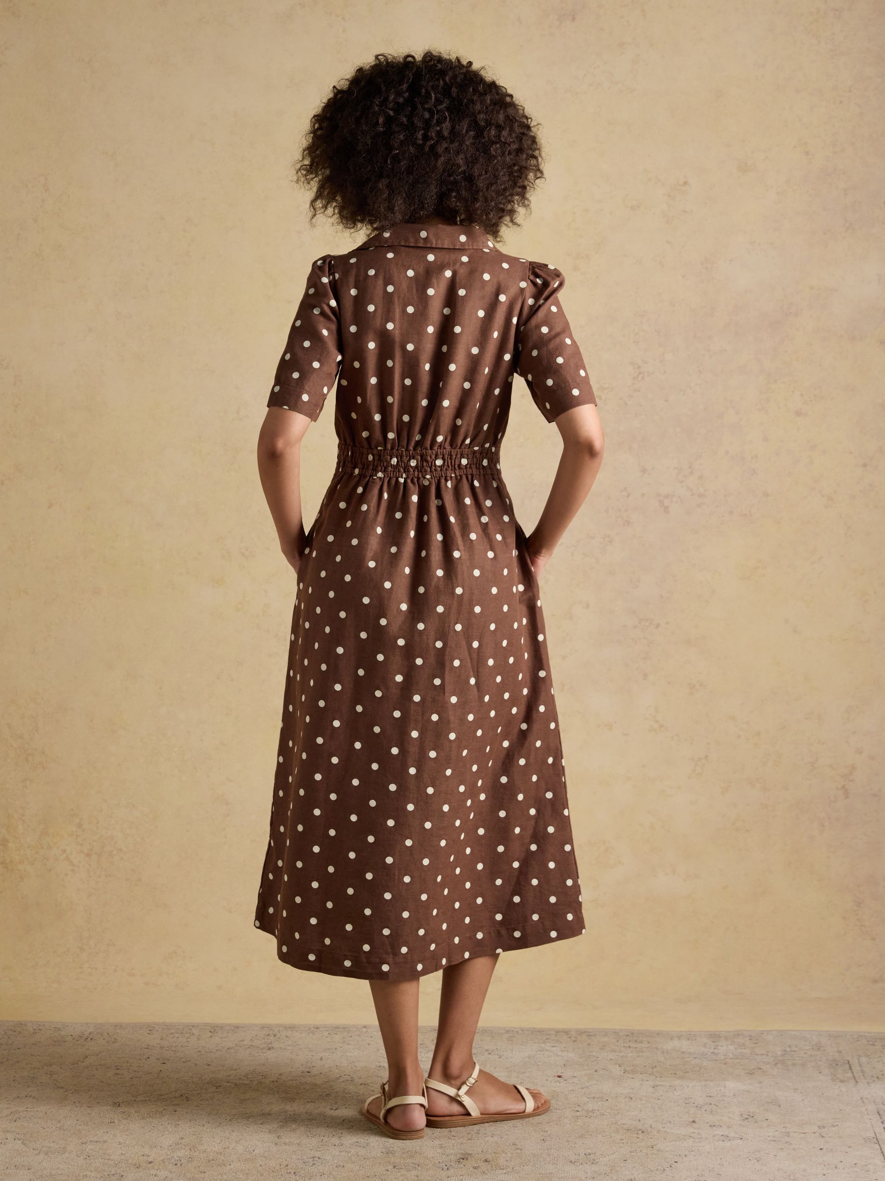 Marina Brown Polka Dot Midi Linen Blend Dress - Image 2 of 7