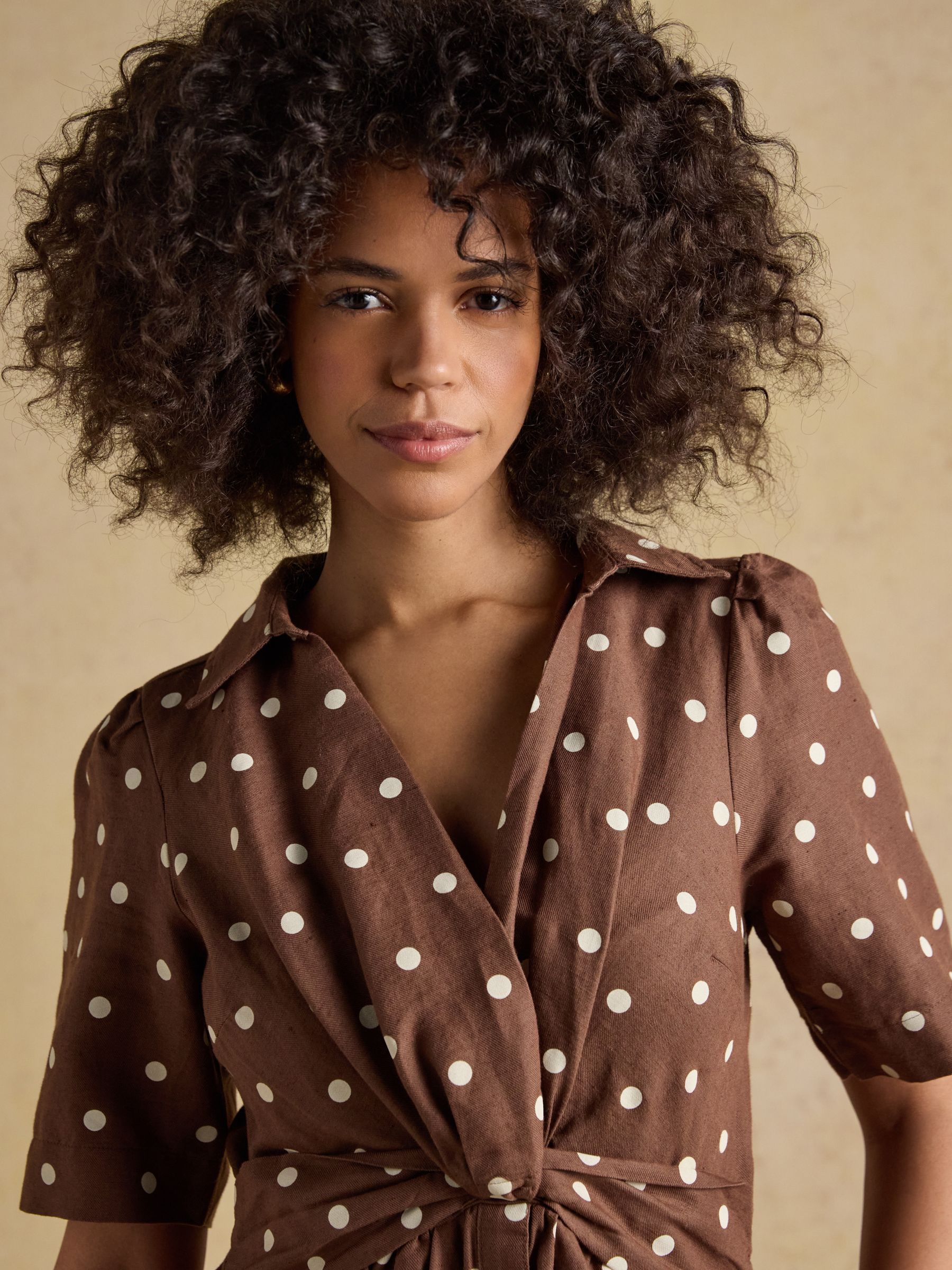 Marina Brown Polka Dot Midi Linen Blend Dress - Image 3 of 7