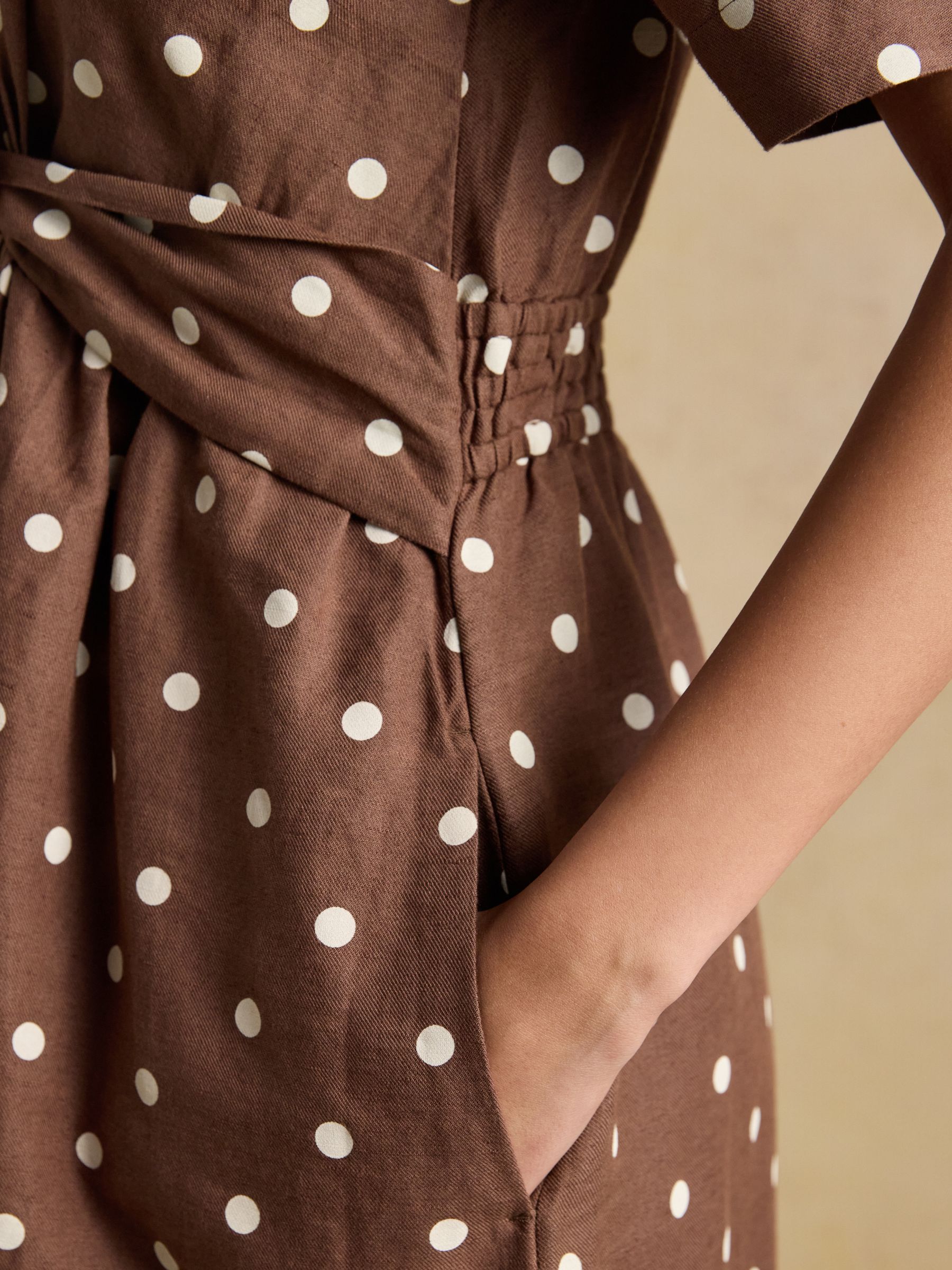 Marina Brown Polka Dot Midi Linen Blend Dress | Joules