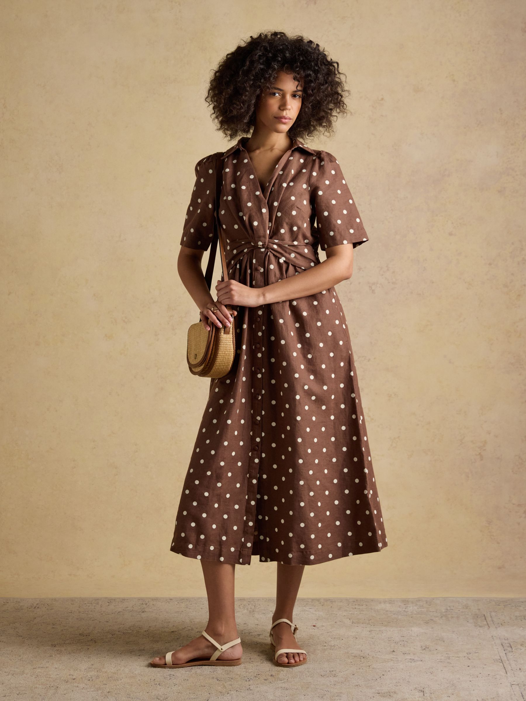 Marina Brown Polka Dot Midi Linen Blend Dress - Image 5 of 7
