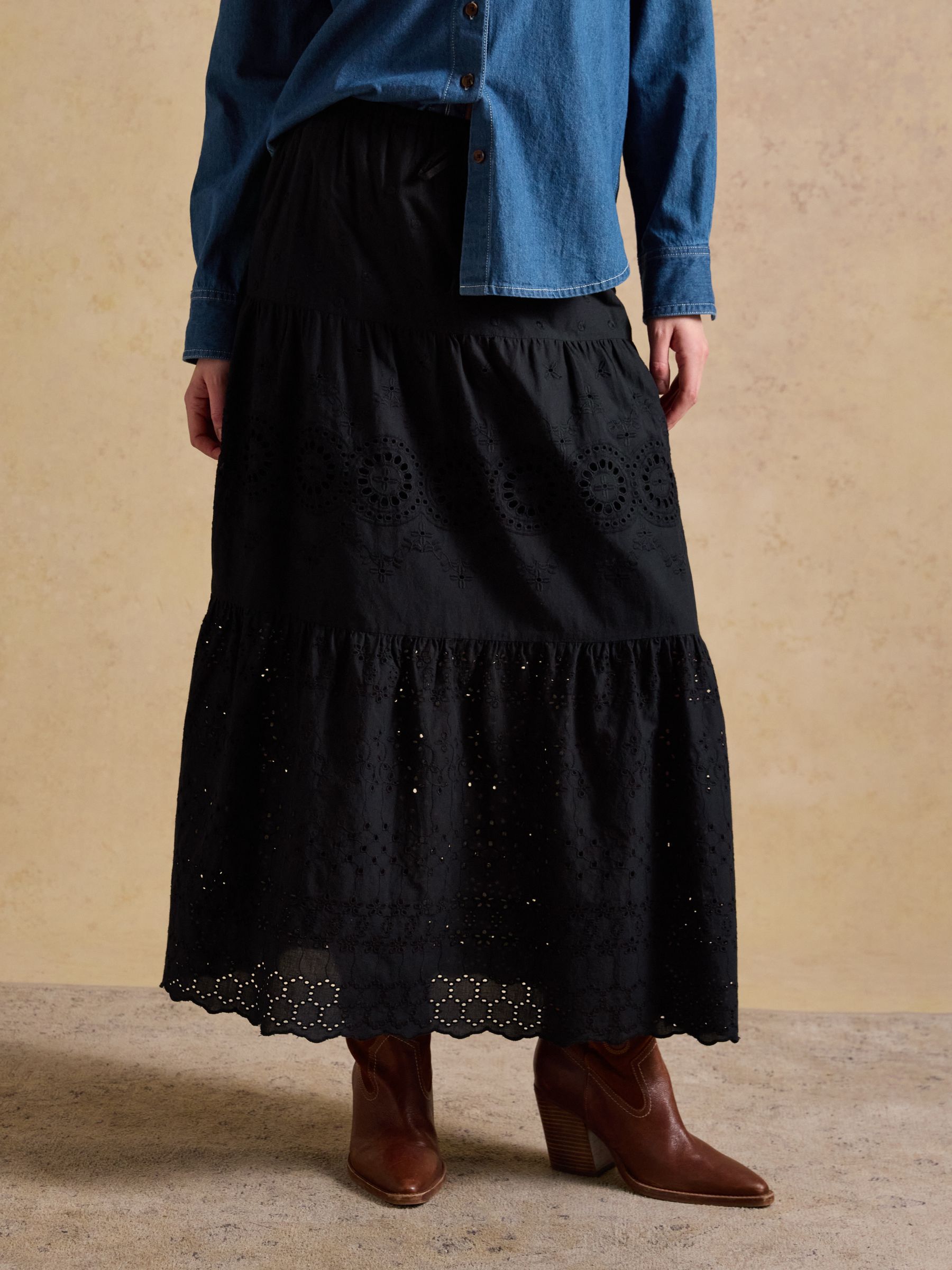 Broderie Tiered Black Maxi Skirt - Image 1 of 6