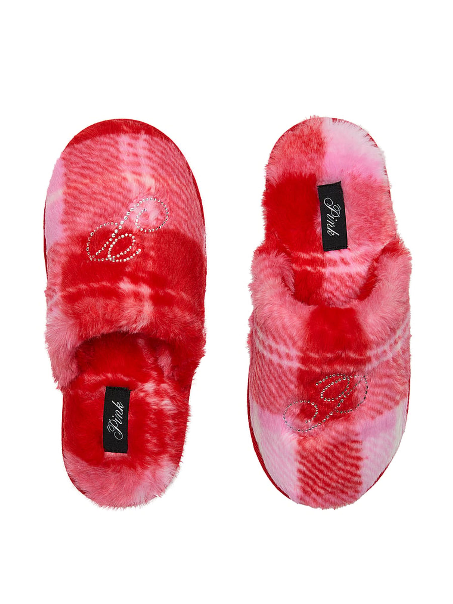 Pink Tartan Faux Fur Slippers - Image 1 of 2